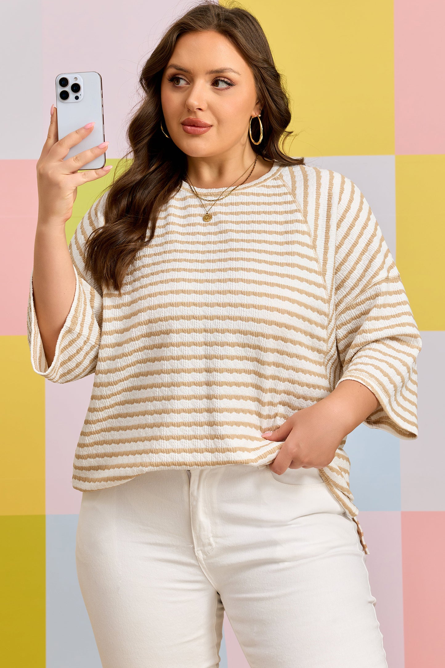 Apricot Stripe Plus Size Textured Patchwork Detail Half Sleeve Top-Plus Size/Plus Size Tops/Plus Size Tops & Tees-[Adult]-[Female]-2022 Online Blue Zone Planet