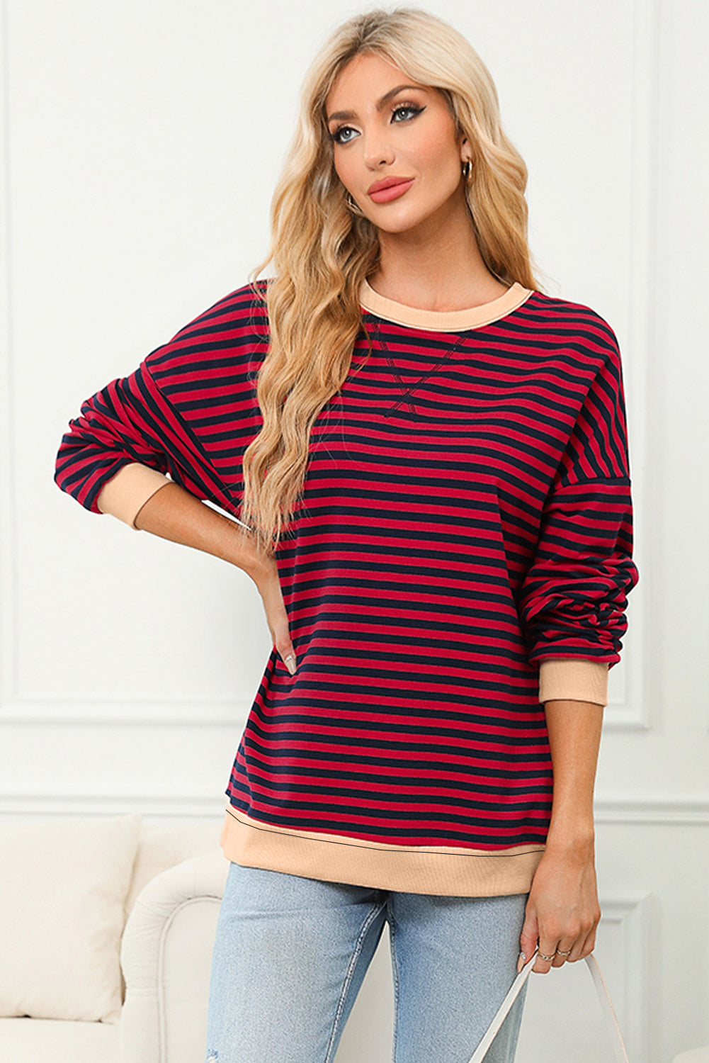 Red Stripe Contrast Ribbed Trim Crossed Stitch Drop Shoulder Sweatshirt-Tops/Sweatshirts & Hoodies-[Adult]-[Female]-2022 Online Blue Zone Planet