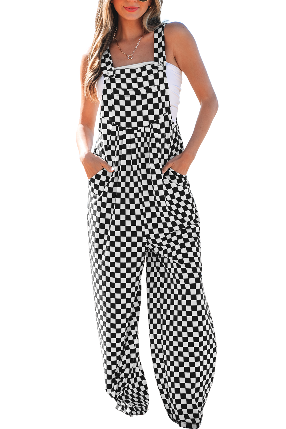 Blue Zone Planet | Black Checkered Print Pocketed Wide Leg Jumpsuit-Bottoms/Jumpsuits & Rompers-[Adult]-[Female]-2022 Online Blue Zone Planet