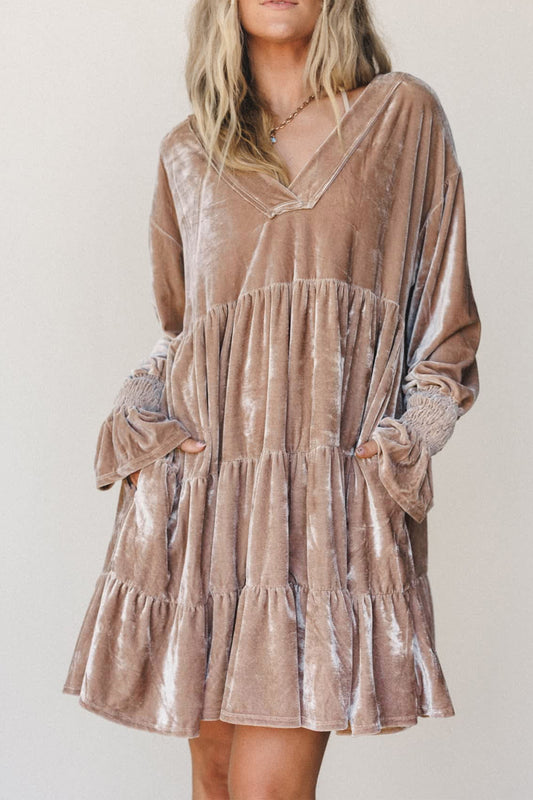 Smoke Gray Solid Color V Neck Velvet Tiered Long Sleeve Dress-Dresses/Mini Dresses-[Adult]-[Female]-Smoke Gray-S-2022 Online Blue Zone Planet