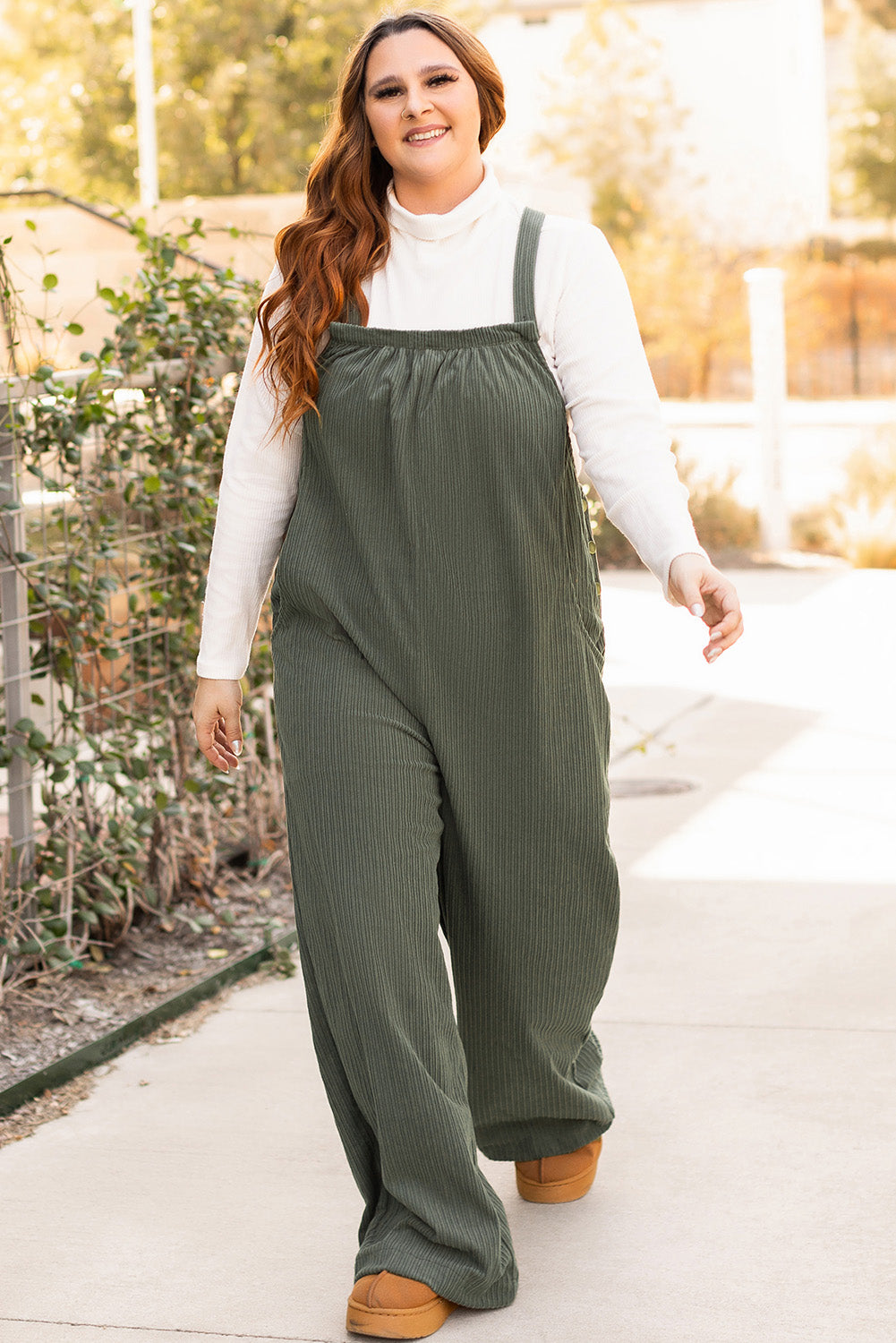 Jungle Green Plus Size Side Pockets Corduroy Overall-Plus Size Bottoms-[Adult]-[Female]-2022 Online Blue Zone Planet