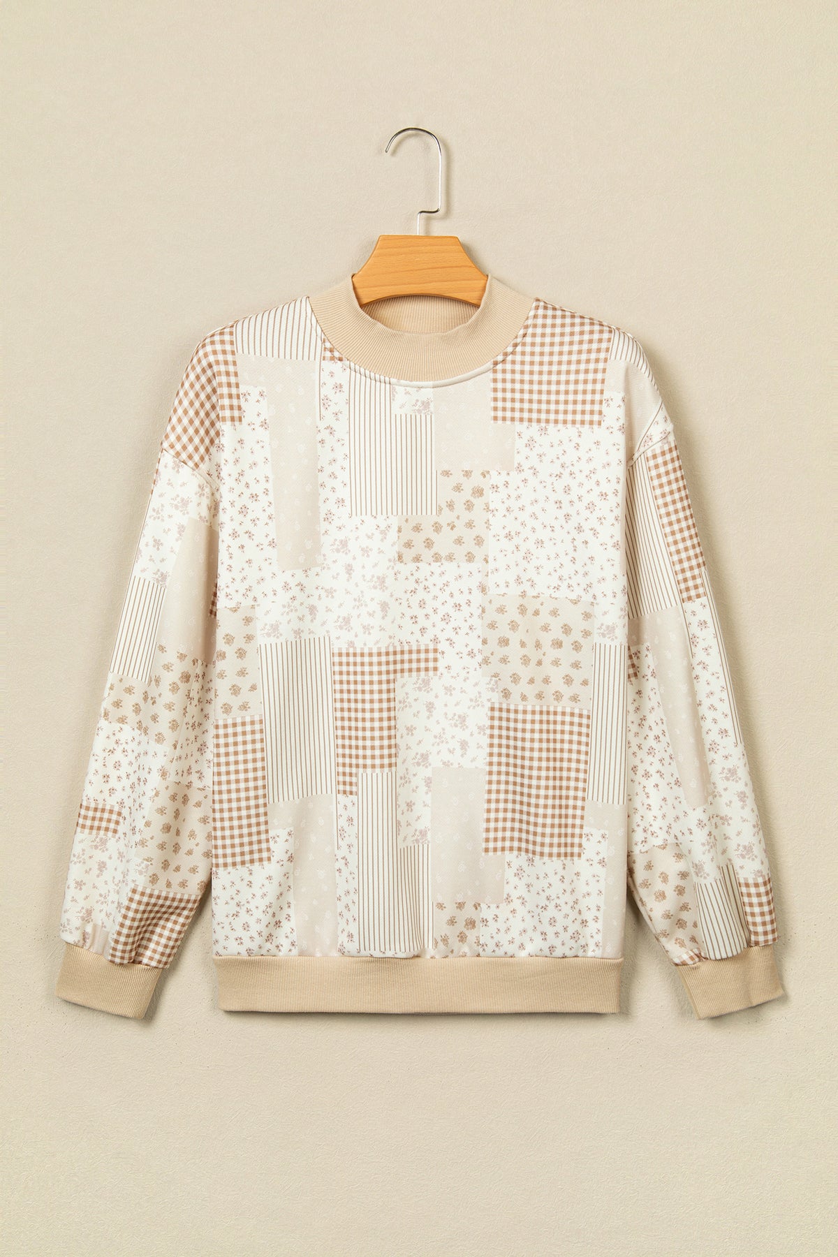 Sky Blue Patchwork Floral Print Mock Neck Long Sleeve Sweatshirt-Tops/Sweatshirts & Hoodies-[Adult]-[Female]-2022 Online Blue Zone Planet