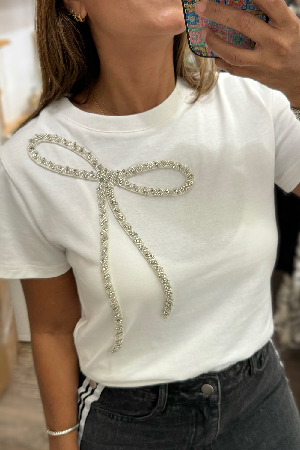 White Rhinestone Bow Embellished Round Neck Tee-Tops/Tops & Tees-[Adult]-[Female]-White-S-2022 Online Blue Zone Planet