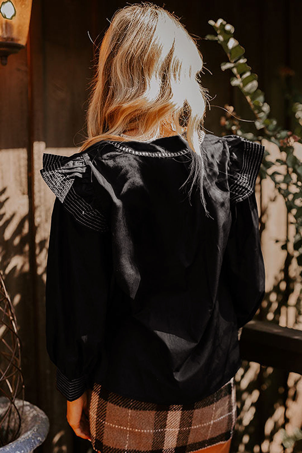 Black Contrast Stitched Detail V Neck Ruffle Long Sleeve Blouse-Tops/Blouses & Shirts-[Adult]-[Female]-2022 Online Blue Zone Planet
