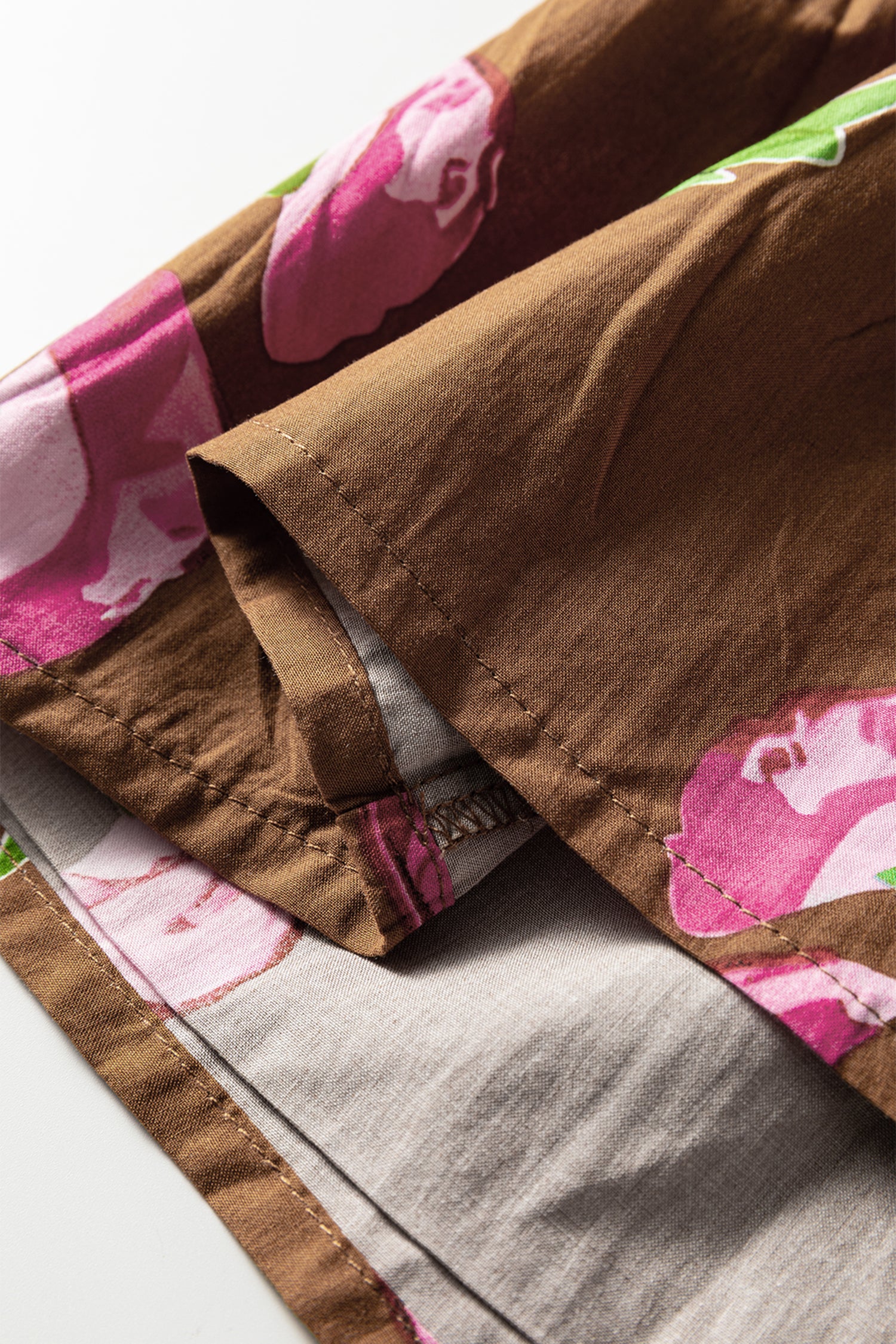 Brown Contrast Floral Print Babydoll Tunic Ruffled Hem Puff Sleeve Dress-TOPS / DRESSES-[Adult]-[Female]-2022 Online Blue Zone Planet