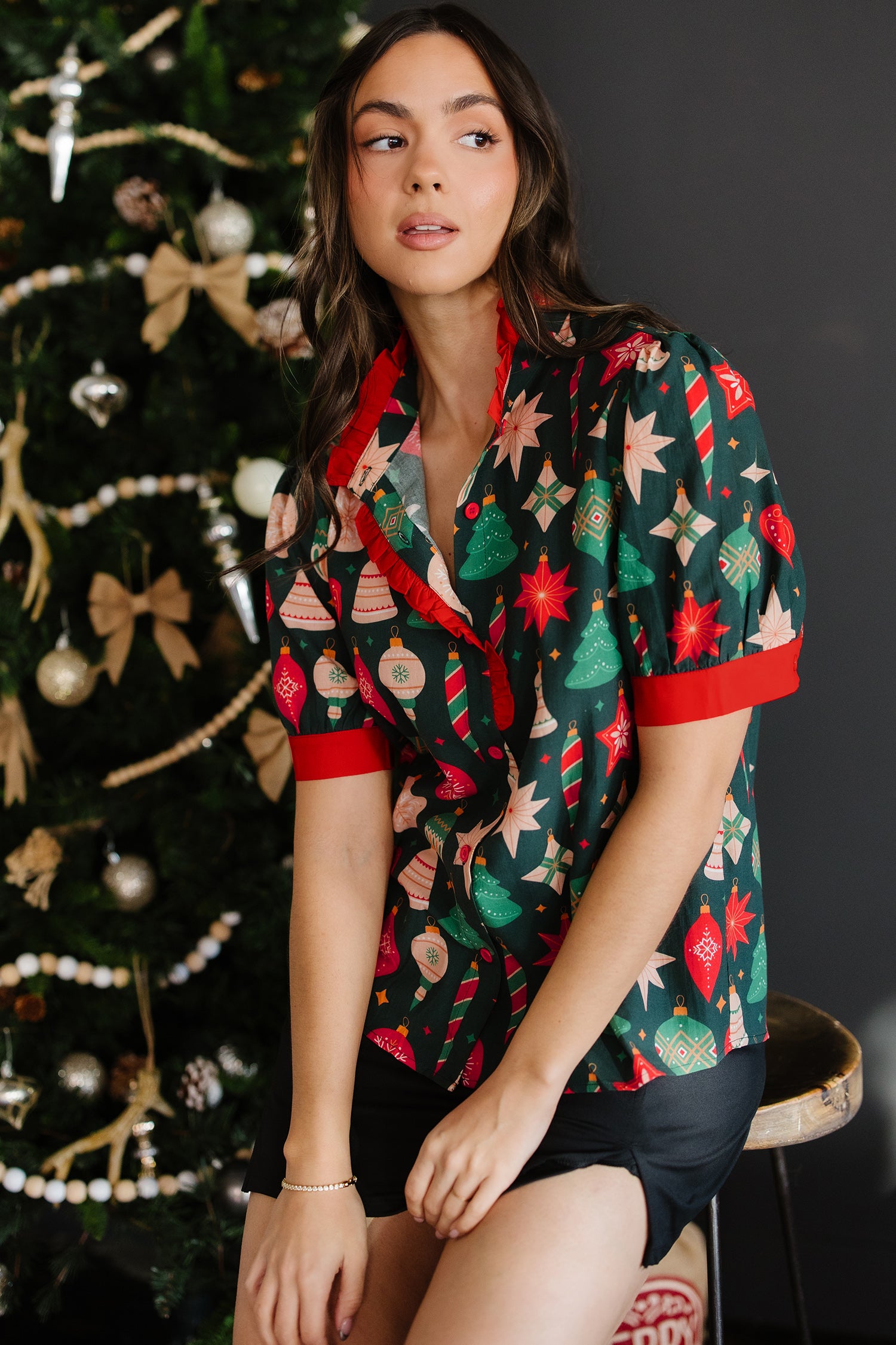 Green Christmas Fashion Print Contrast Trim Frilled Neck Short Sleeve Blouse-Tops/Blouses & Shirts-[Adult]-[Female]-2022 Online Blue Zone Planet