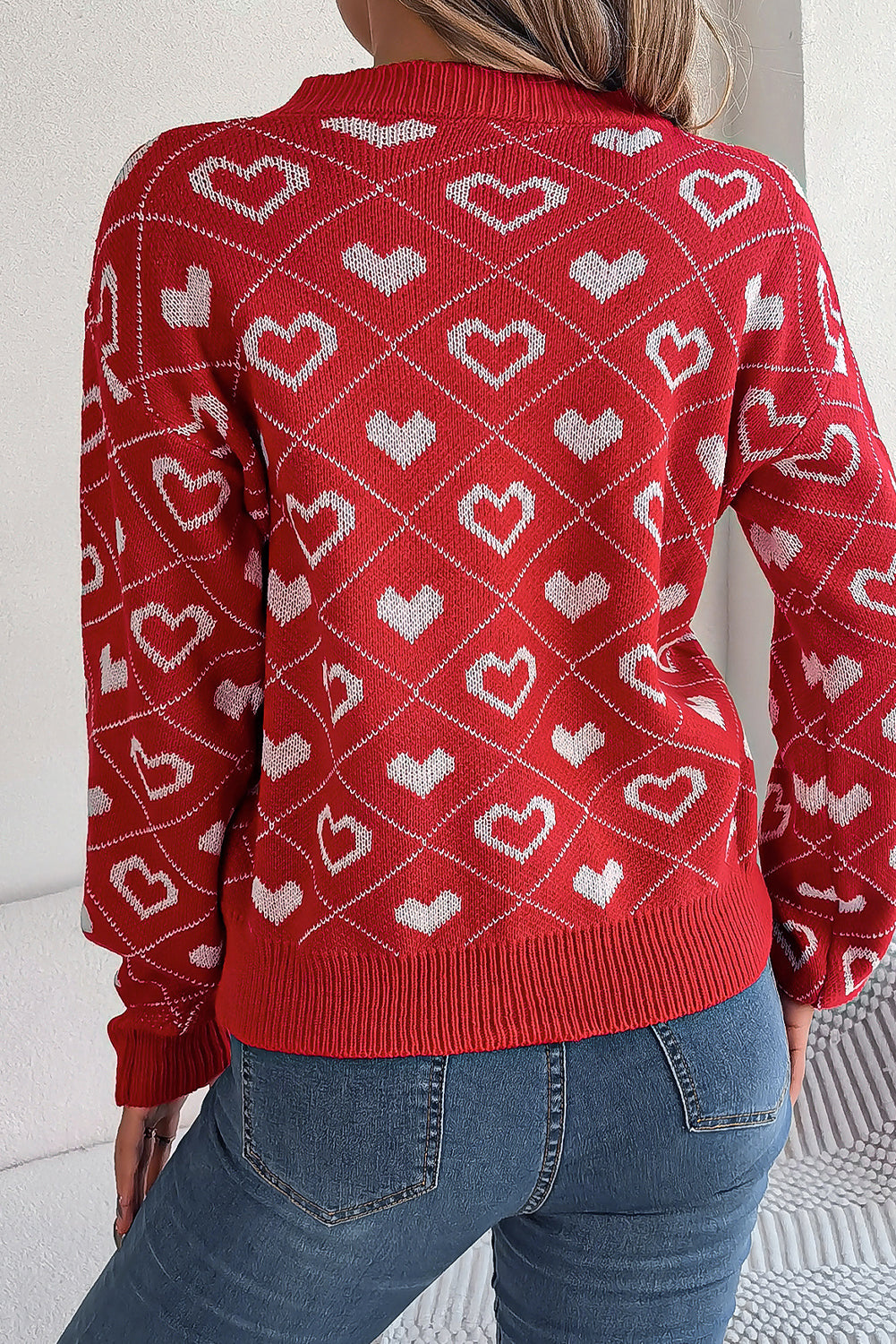 Racing Red Heart Print Lantern Sleeve Sweater-Sweaters-[Adult]-[Female]-2022 Online Blue Zone Planet