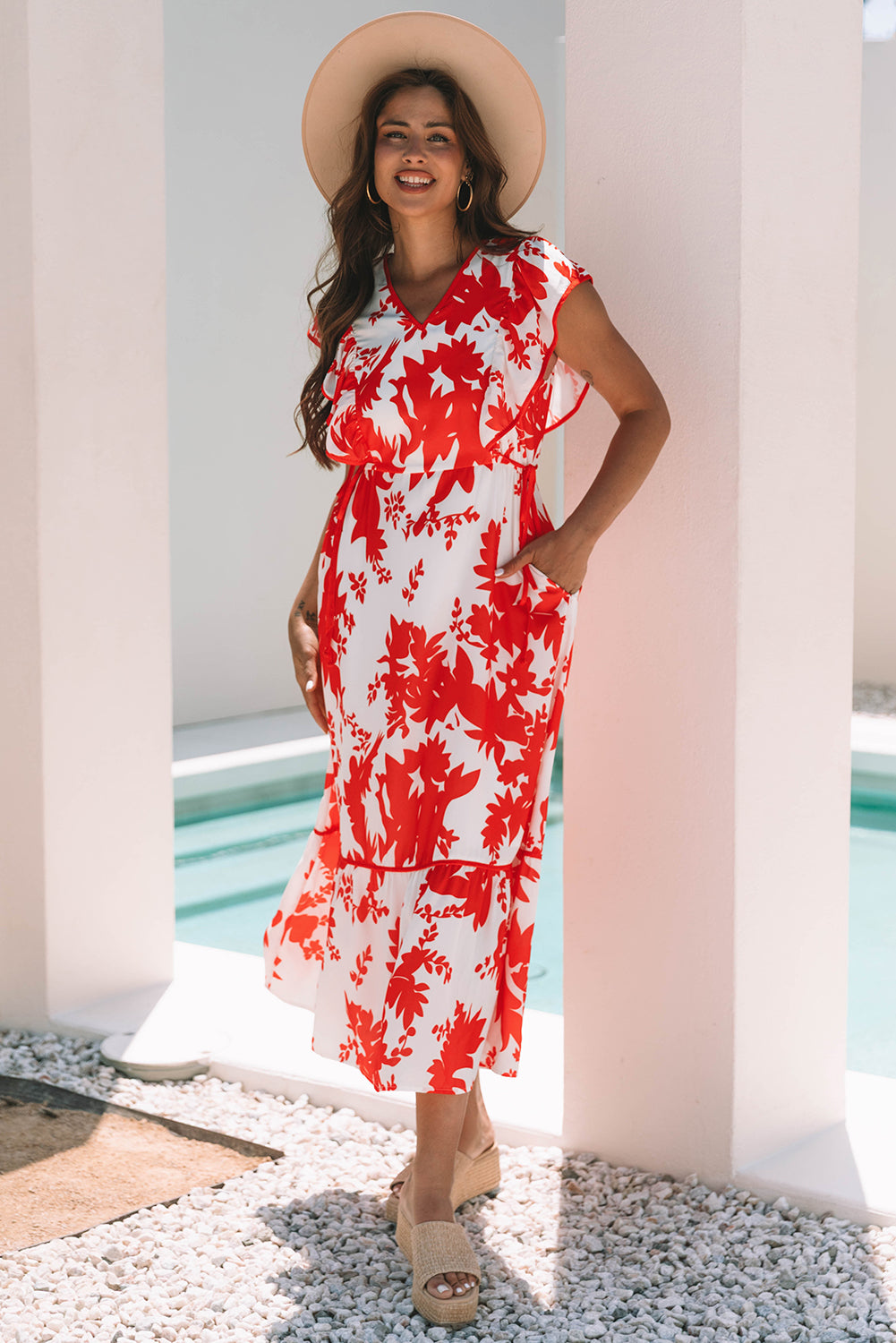 Red Floral Print Trimmed V Neck Ruffle Sleeve Long Dress-TOPS / DRESSES-[Adult]-[Female]-2022 Online Blue Zone Planet