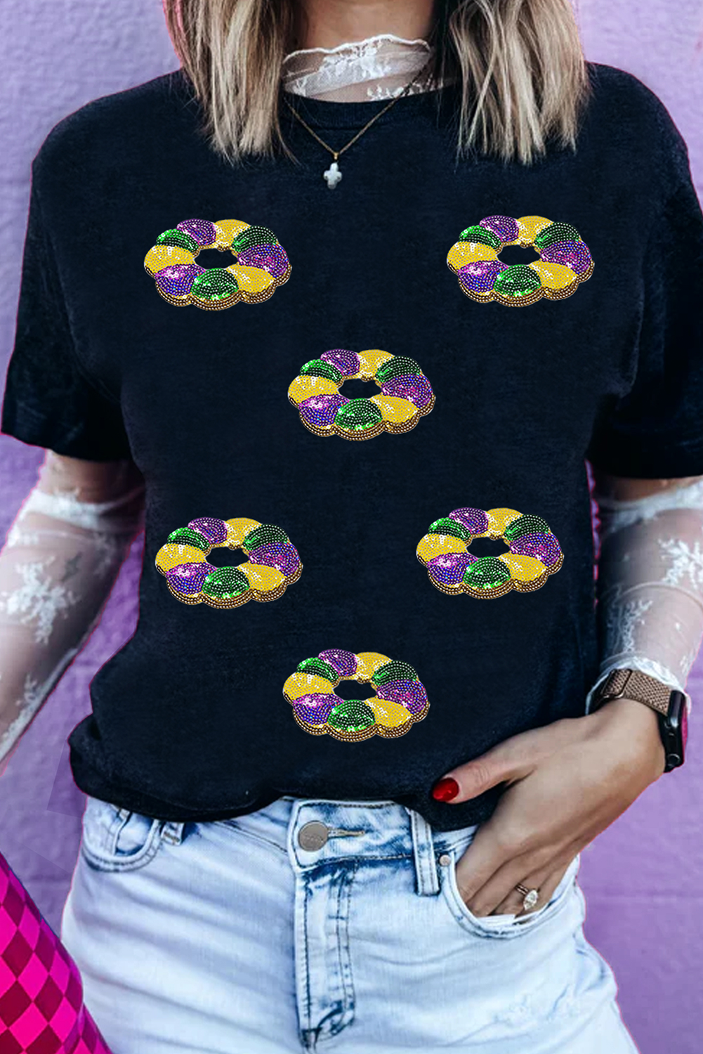 Black Sequined Mardi Gras Pattern Crew Neck Short Sleeve Top-Graphic/Graphic Tees-[Adult]-[Female]-2022 Online Blue Zone Planet