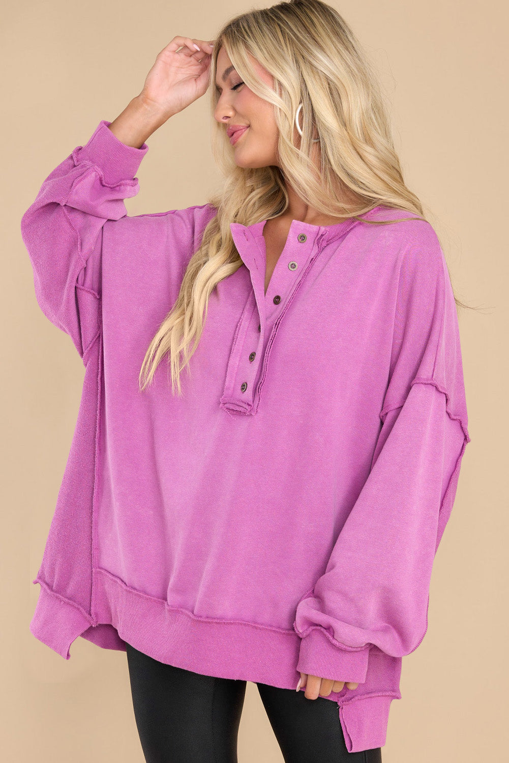 Black Oversized Exposed Seam Henley Sweatshirt-Tops/Sweatshirts & Hoodies-[Adult]-[Female]-2022 Online Blue Zone Planet