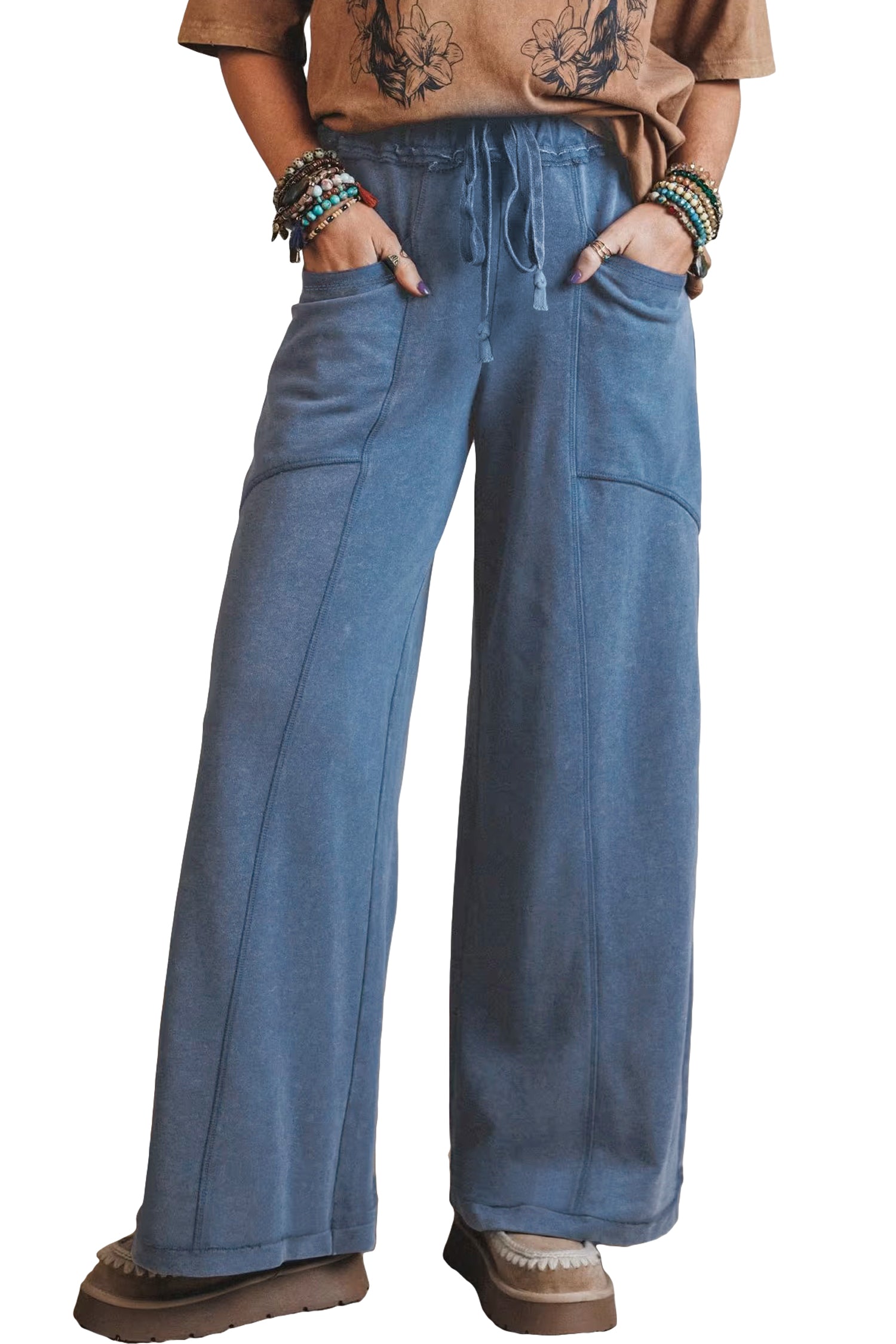 Ashleigh Blue Mineral Wash Drawstring Retro High Waist Wide Leg Western Pants-Bottoms/Pants & Culotte-[Adult]-[Female]-2022 Online Blue Zone Planet