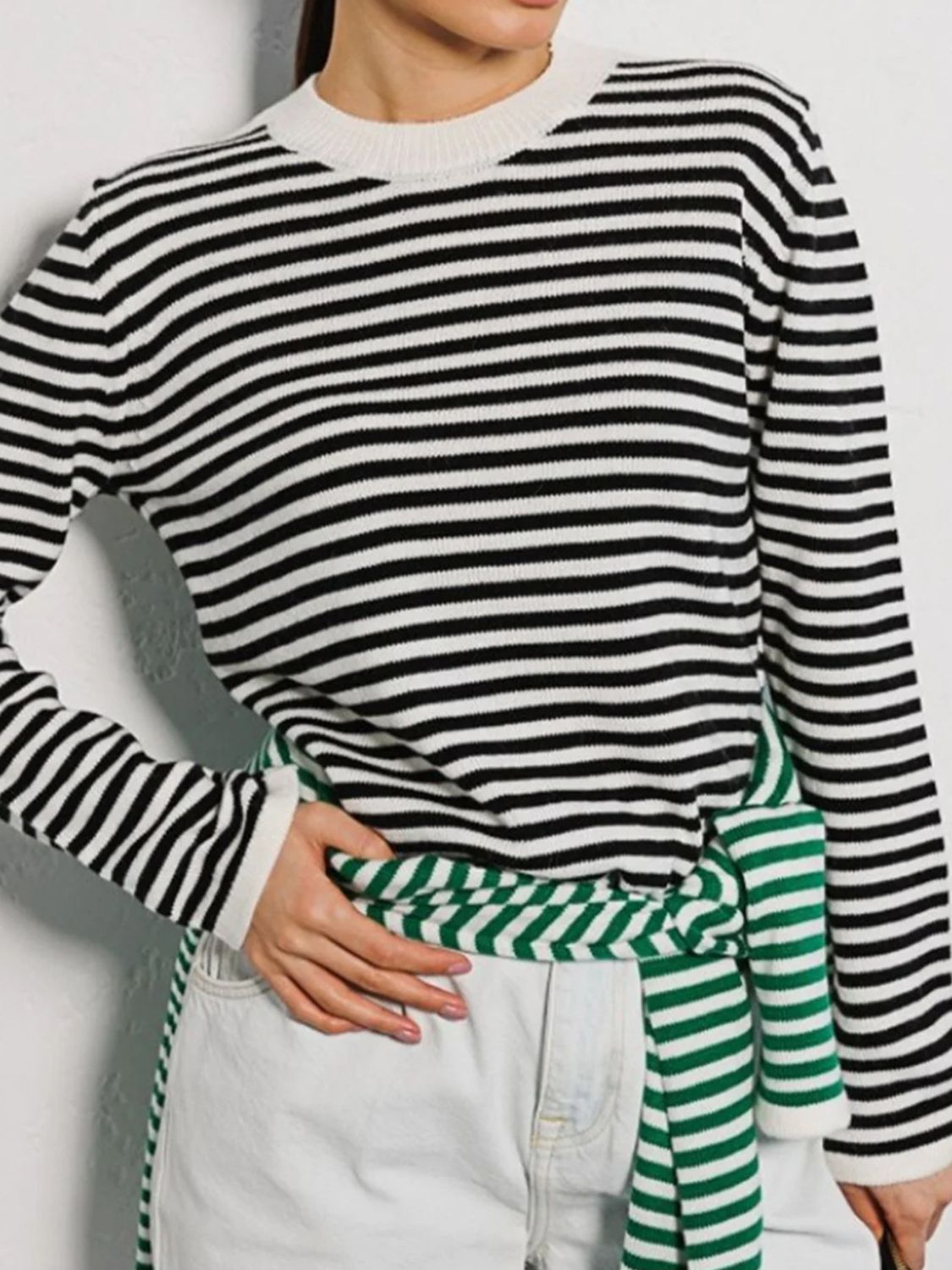 Striped Round Neck Long Sleeve Sweater-TOPS / DRESSES-[Adult]-[Female]-2022 Online Blue Zone Planet