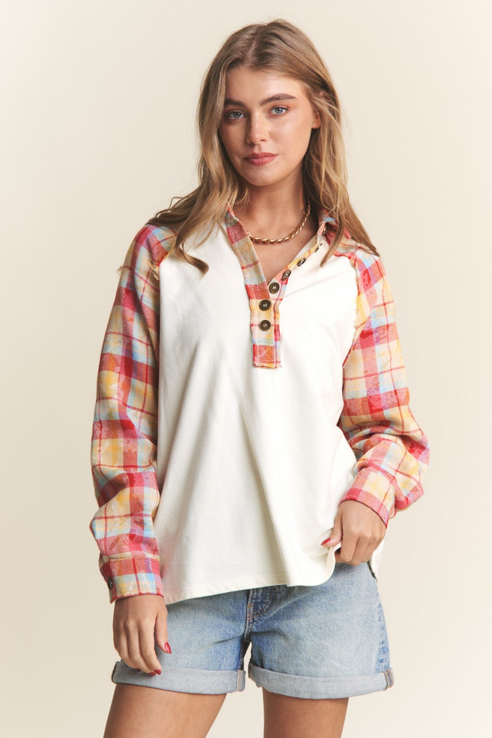 Blue Zone Planet | J.NNA Plaid Contrast Button Down Henley Top-TOPS / DRESSES-[Adult]-[Female]-Ivory Multi-S-2022 Online Blue Zone Planet