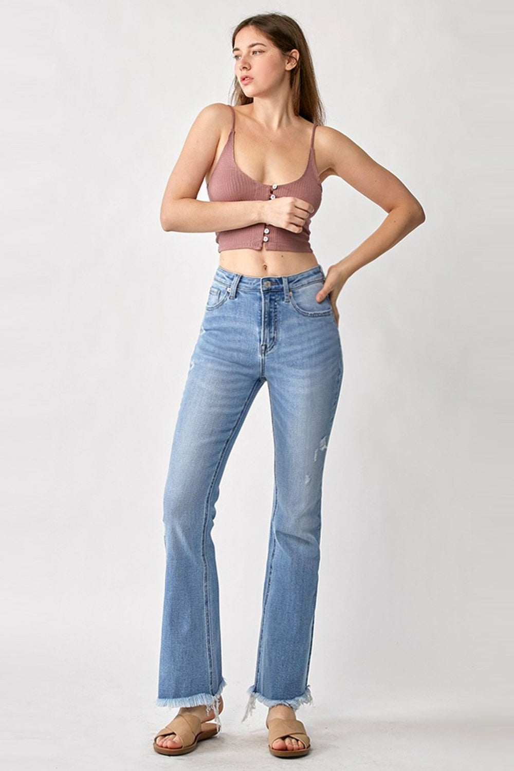 Blue Zone Planet | RISEN High Rise Frayed Hem Bootcut Jeans-BOTTOMS SIZES SMALL MEDIUM LARGE-[Adult]-[Female]-2022 Online Blue Zone Planet