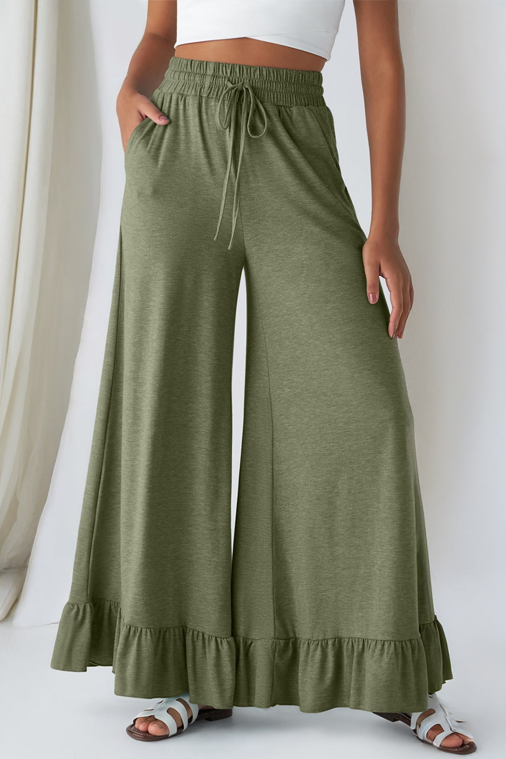 DUNE Ruffled Wide Leg Pull On High Waist Pants with Pockets-Bottoms/Pants & Culotte-[Adult]-[Female]-2022 Online Blue Zone Planet