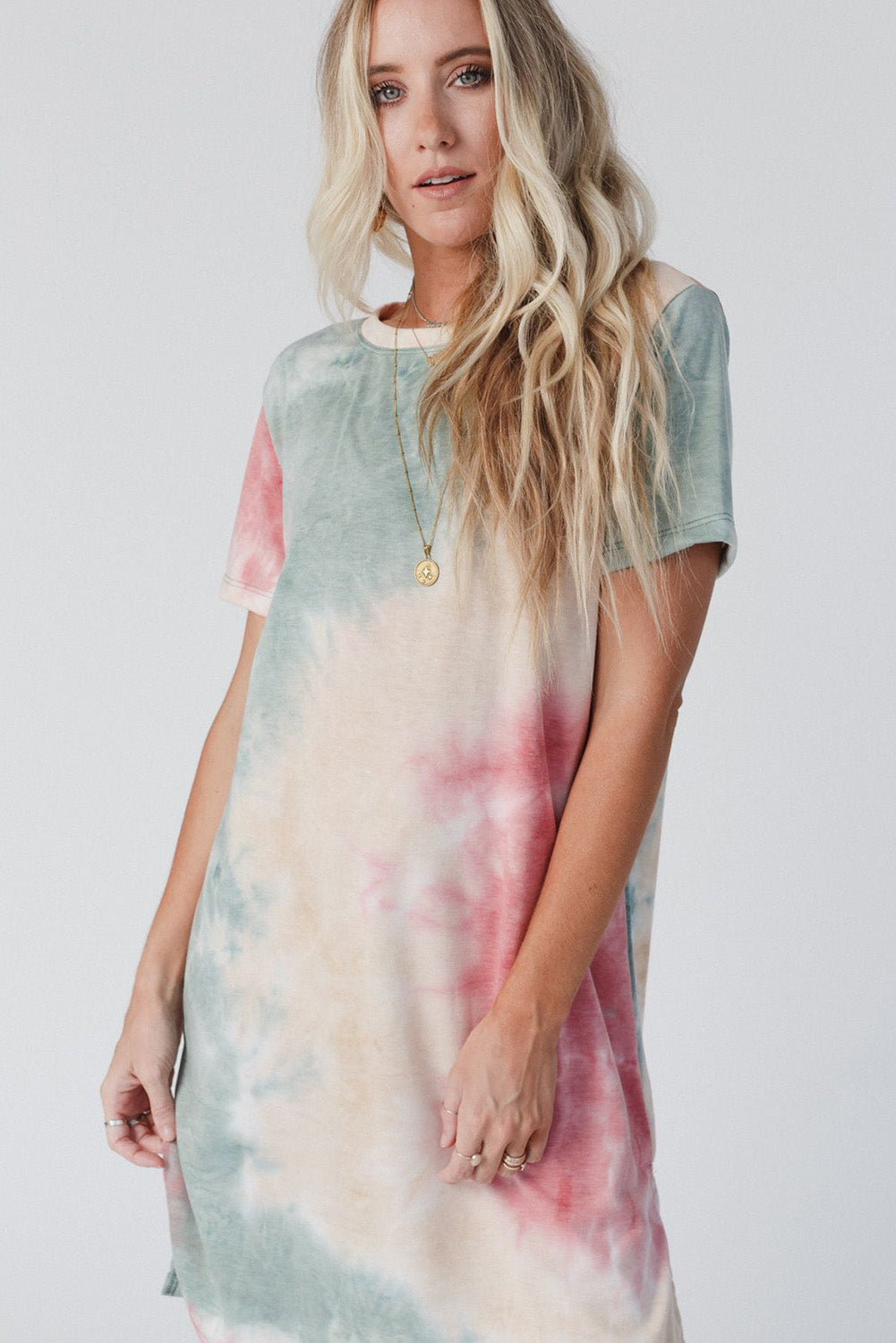 Multicolor Tie Dye Oversized Slit Tee Dress Blue Zone Planet