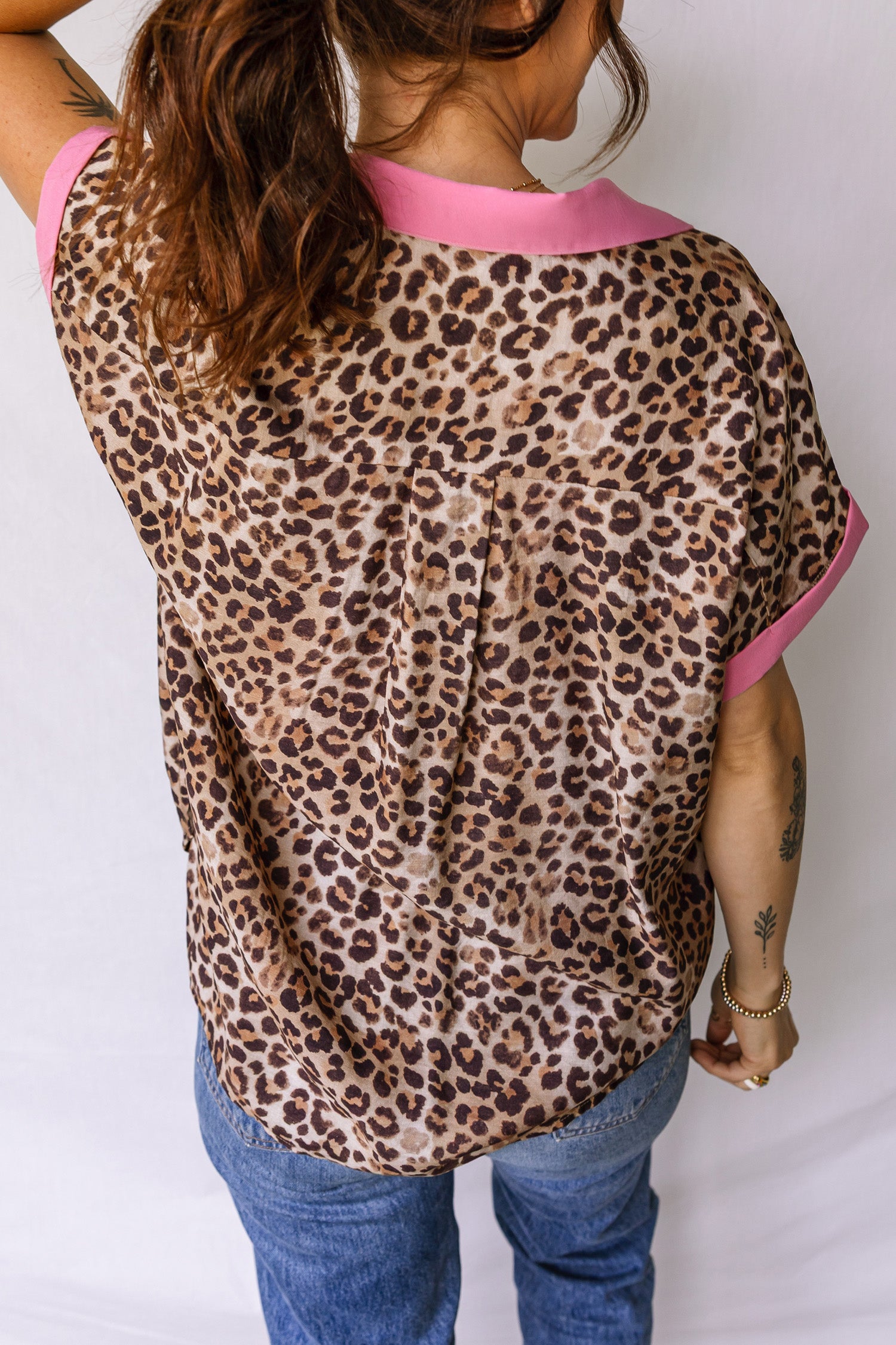 Leopard Print Contrasted Trim Animal Short Sleeve Shirt-Tops/Blouses & Shirts-[Adult]-[Female]-2022 Online Blue Zone Planet