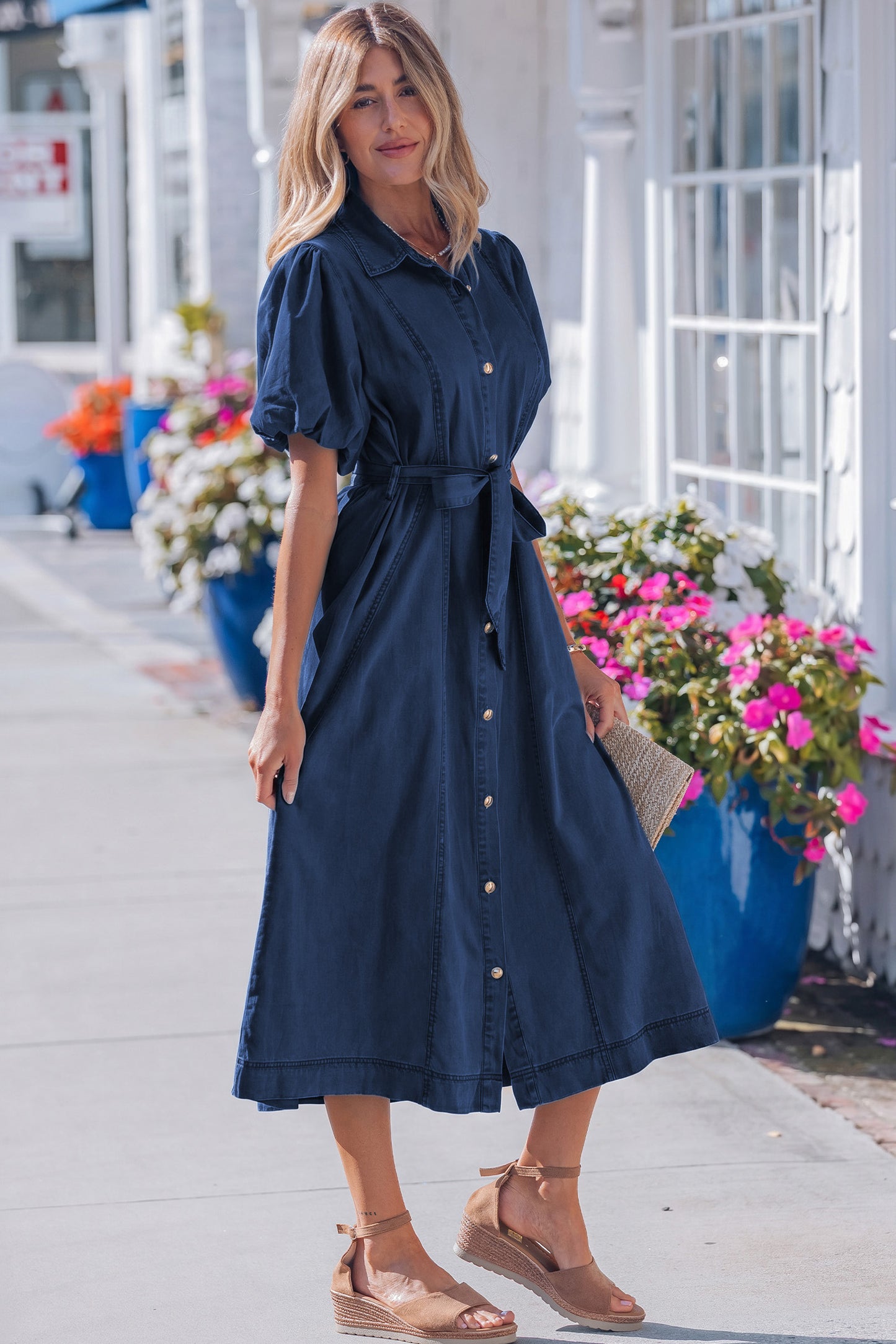 Beau Blue Full Buttons Collared Short Bubble Sleeve Long Denim Dress-Dresses/Midi Dresses-[Adult]-[Female]-2022 Online Blue Zone Planet
