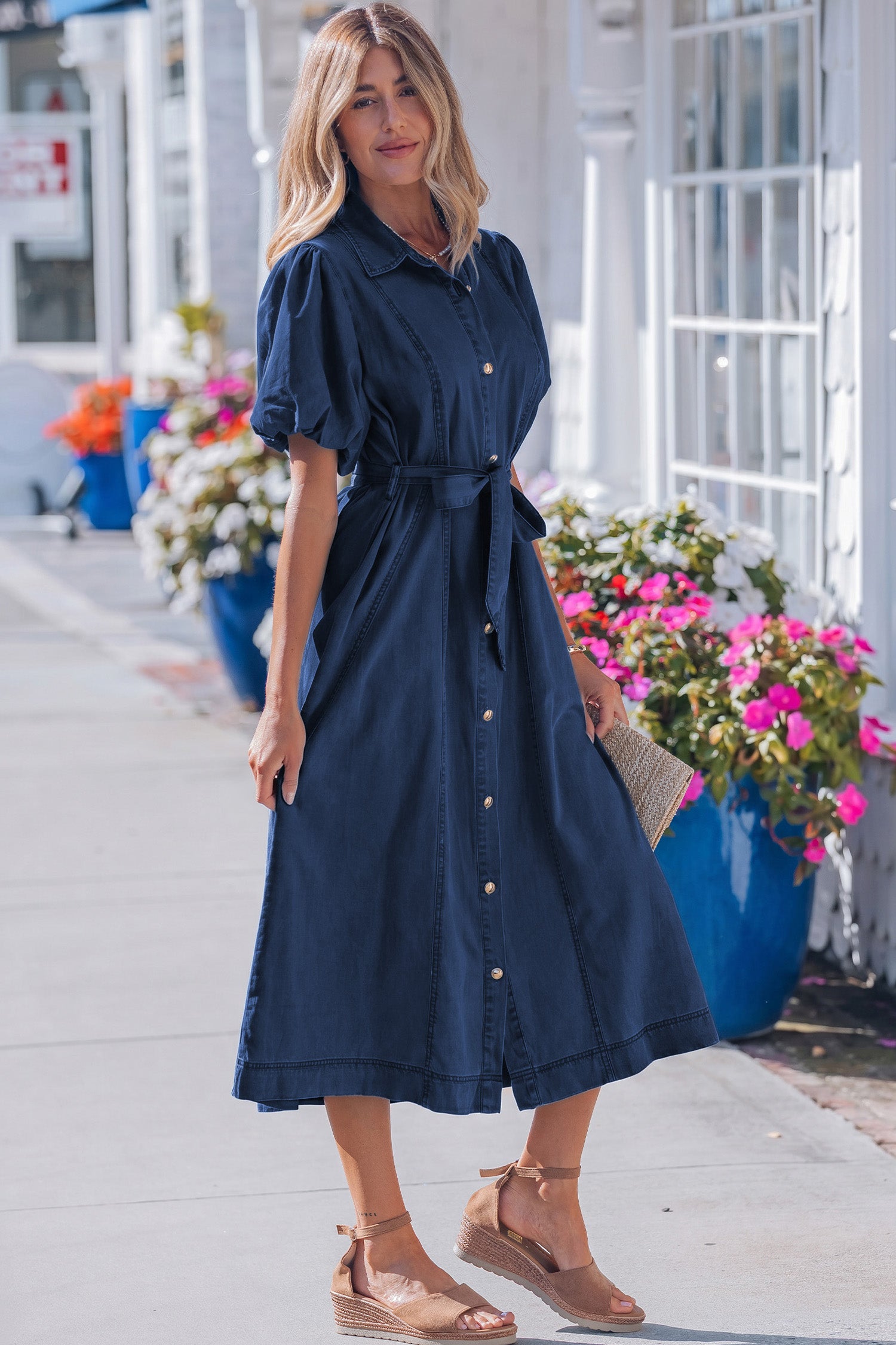 Beau Blue Full Buttons Collared Short Bubble Sleeve Long Denim Dress-Dresses/Midi Dresses-[Adult]-[Female]-2022 Online Blue Zone Planet