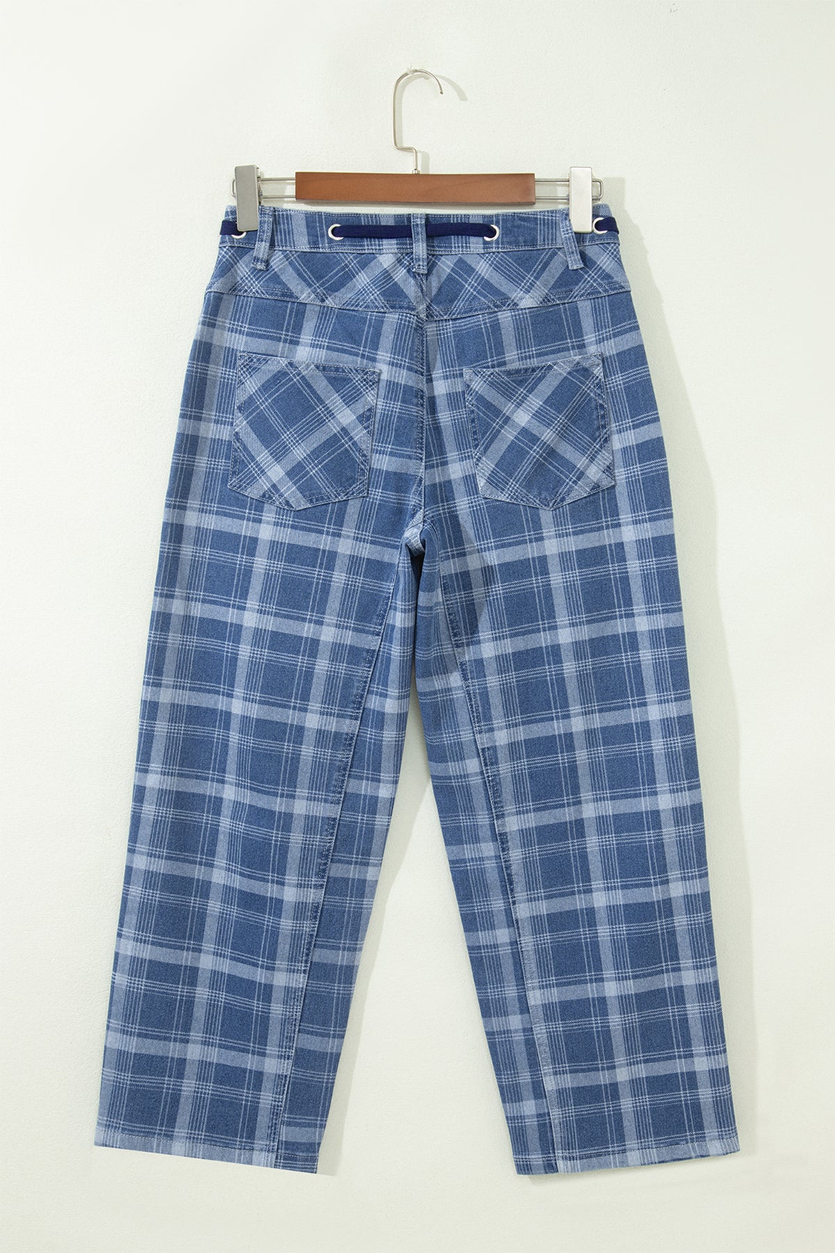 Sky Blue Plaid Denim Grommet Drawstring Waist Ankle-Length Jeans-Bottoms/Jeans-[Adult]-[Female]-2022 Online Blue Zone Planet