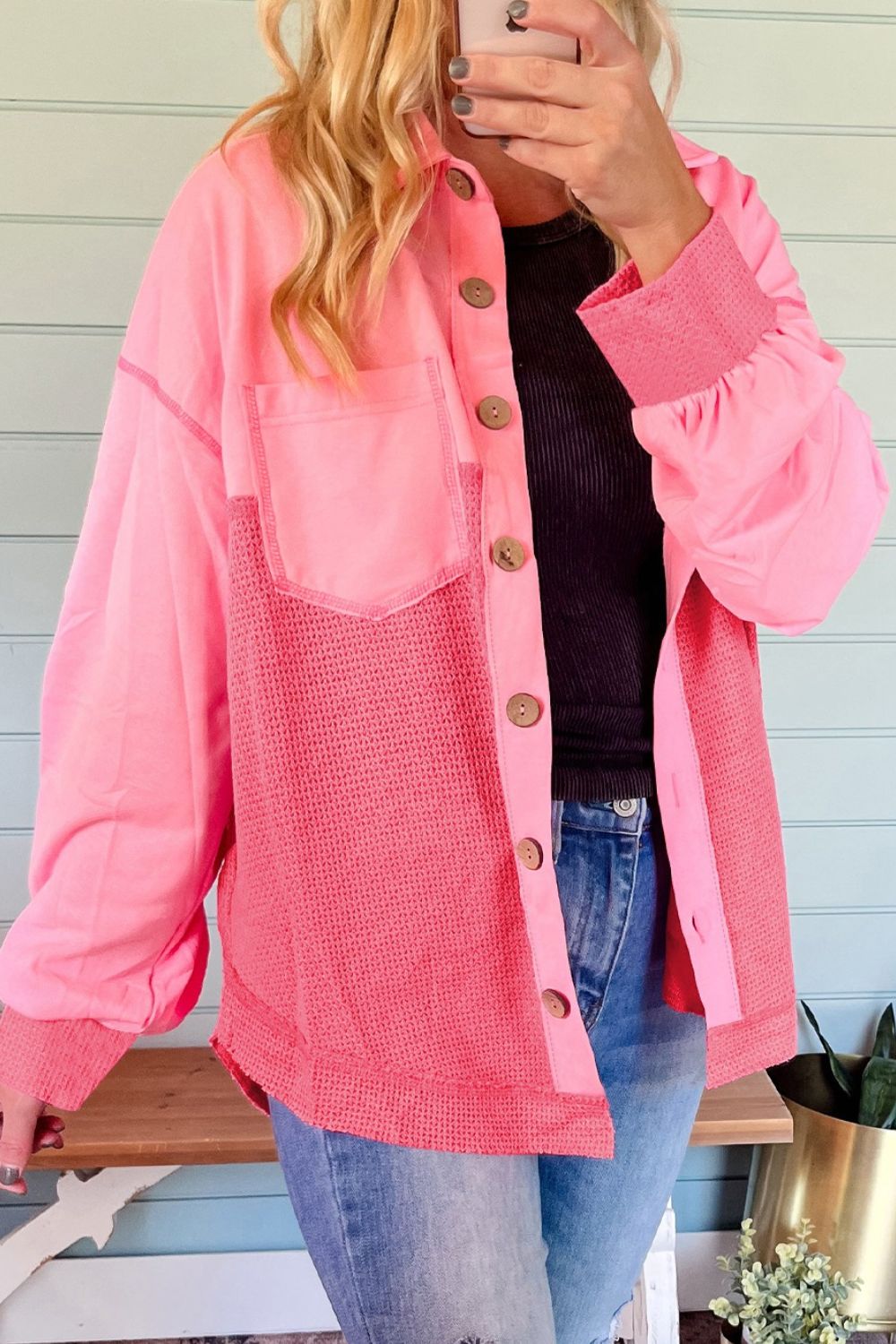 Two Tone Button Up Drop Shoulder Shacket-TOPS / DRESSES-[Adult]-[Female]-2022 Online Blue Zone Planet