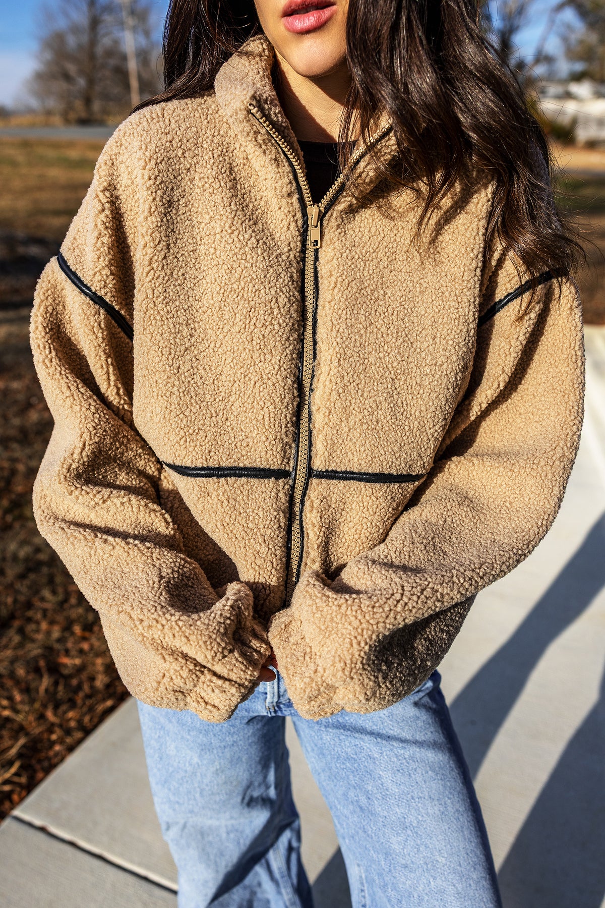 Parchment Drop Shoulder Collar Long Sleeve Fleece Regular Fit Jacket