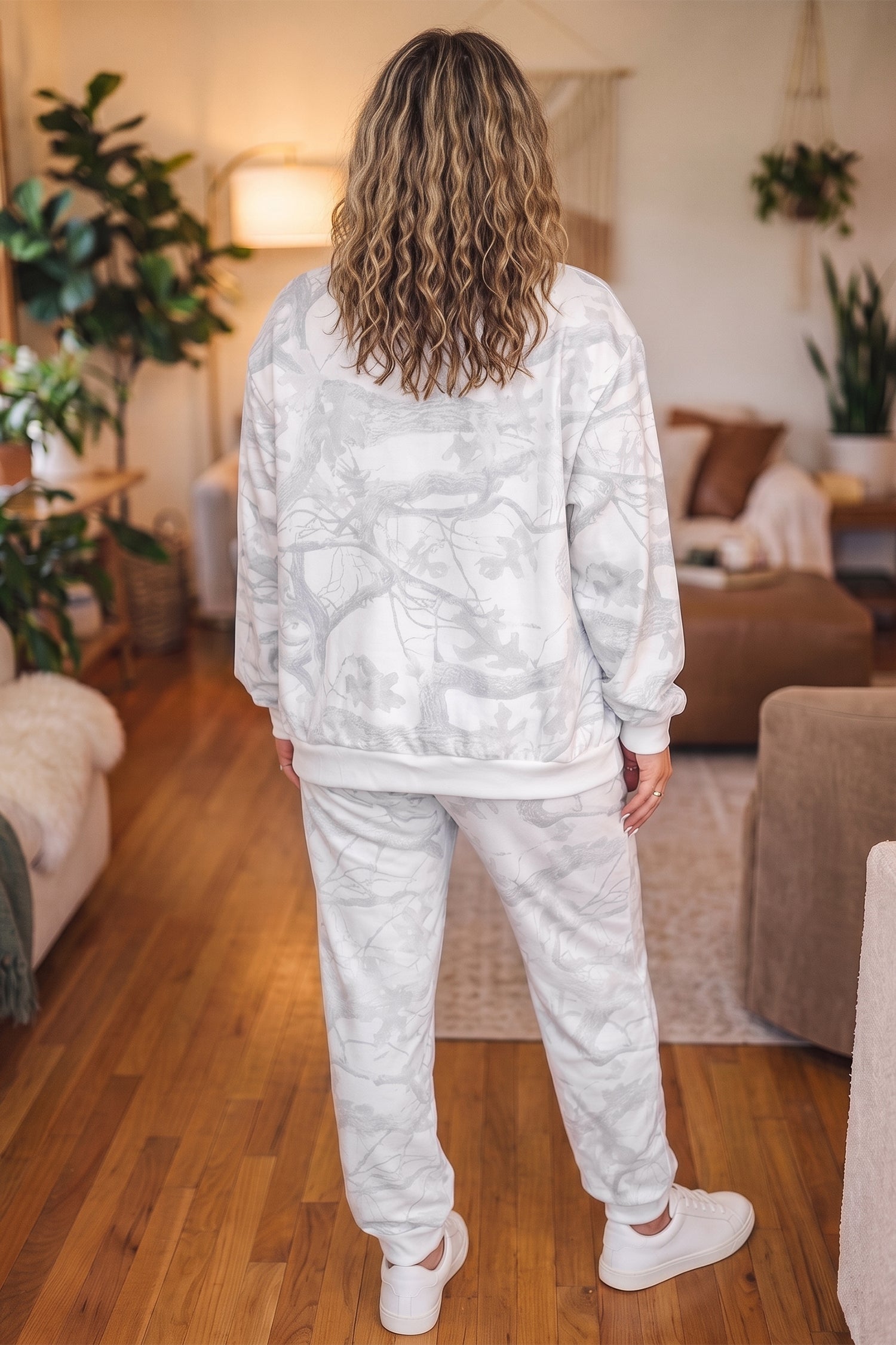 Gray Camouflage Print Stand Neck Long Sleeve Regular Fit Plus Size Set-Plus Size/Plus Size Loungewear-[Adult]-[Female]-2022 Online Blue Zone Planet