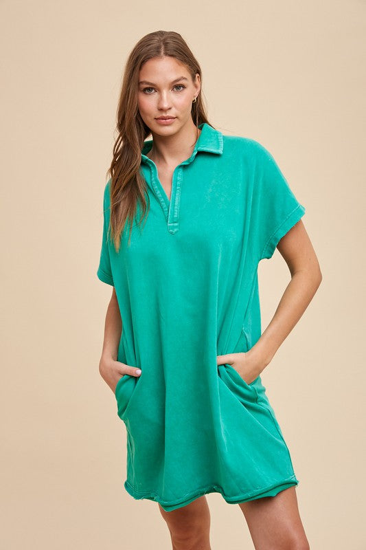 Annie Wear Mineral Washed Johnny Collar Short Sleeve Dress-TOPS / DRESSES-[Adult]-[Female]-2022 Online Blue Zone Planet