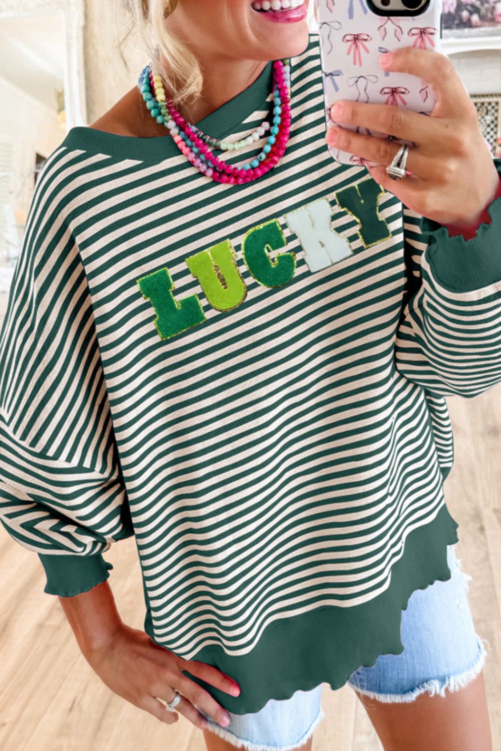 LUCKY Striped Round Neck Long Sleeve Sweatshirt-TOPS / DRESSES-[Adult]-[Female]-Dark Green-S-2022 Online Blue Zone Planet