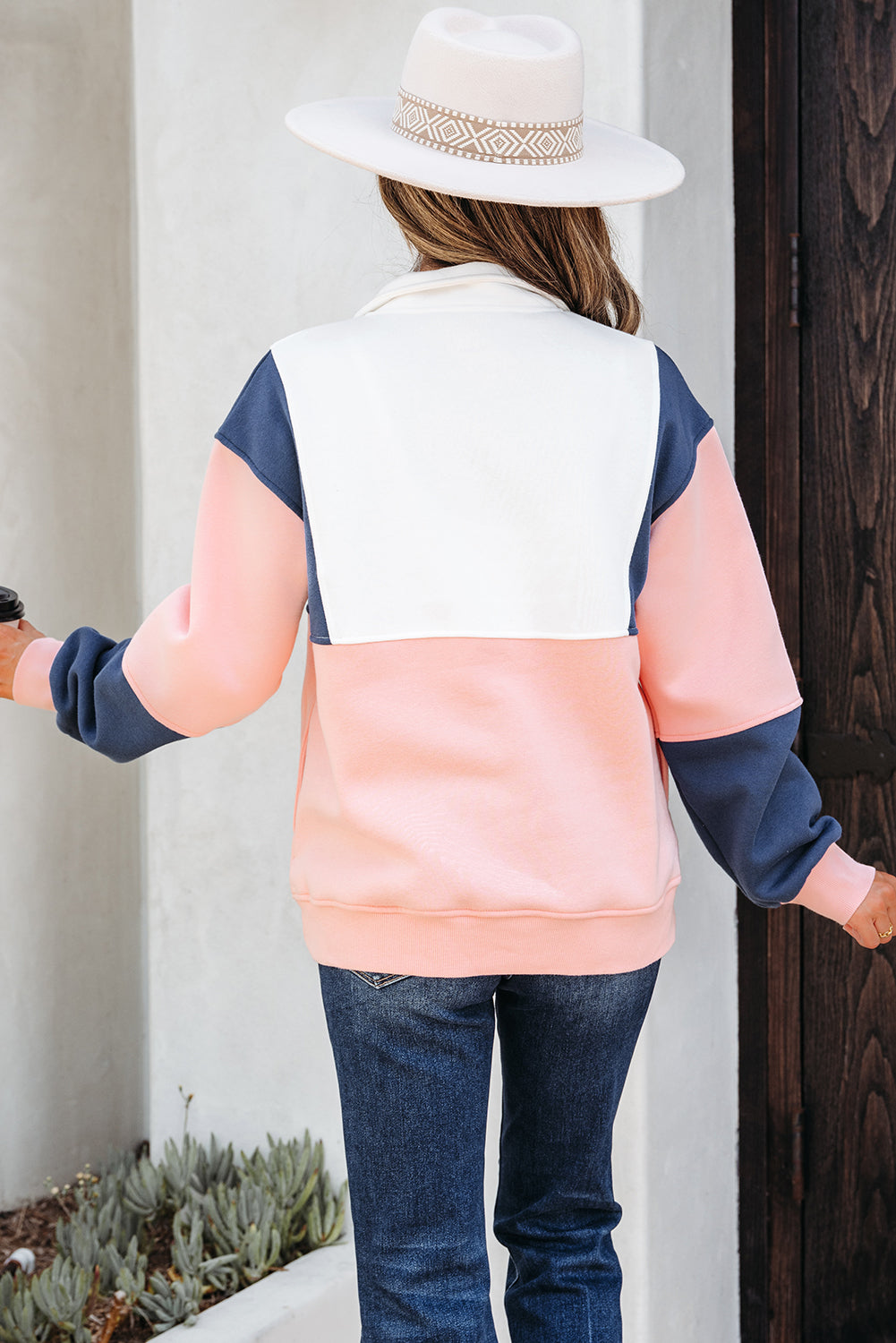 Pink Colorblock Patchwork Half Button Baggy Sweatshirt-Tops/Sweatshirts & Hoodies-[Adult]-[Female]-2022 Online Blue Zone Planet