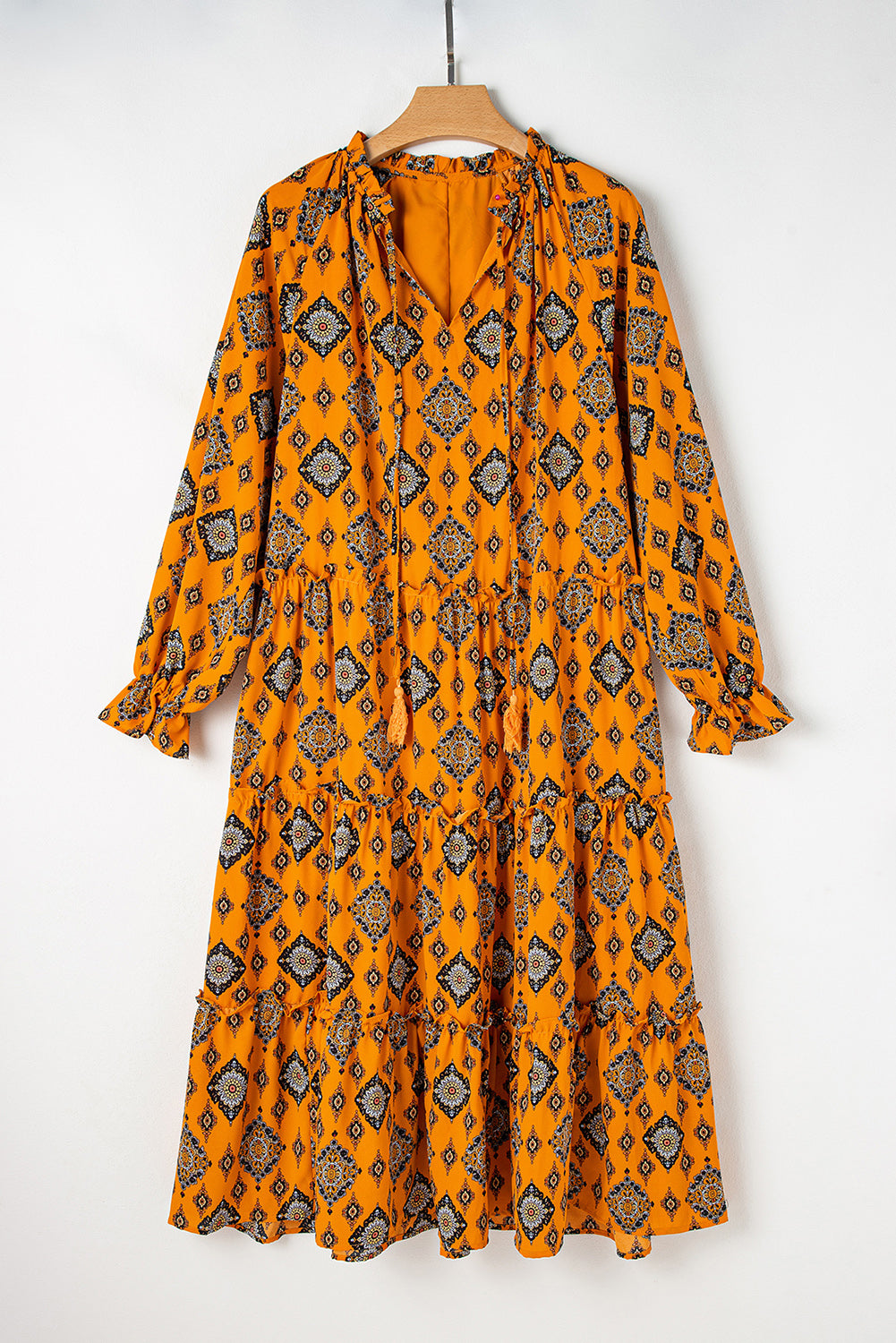 Blue Zone Planet | Orange Western Geometric Print Tiered Frilled Loose Fit Midi Dress-TOPS / DRESSES-[Adult]-[Female]-2022 Online Blue Zone Planet