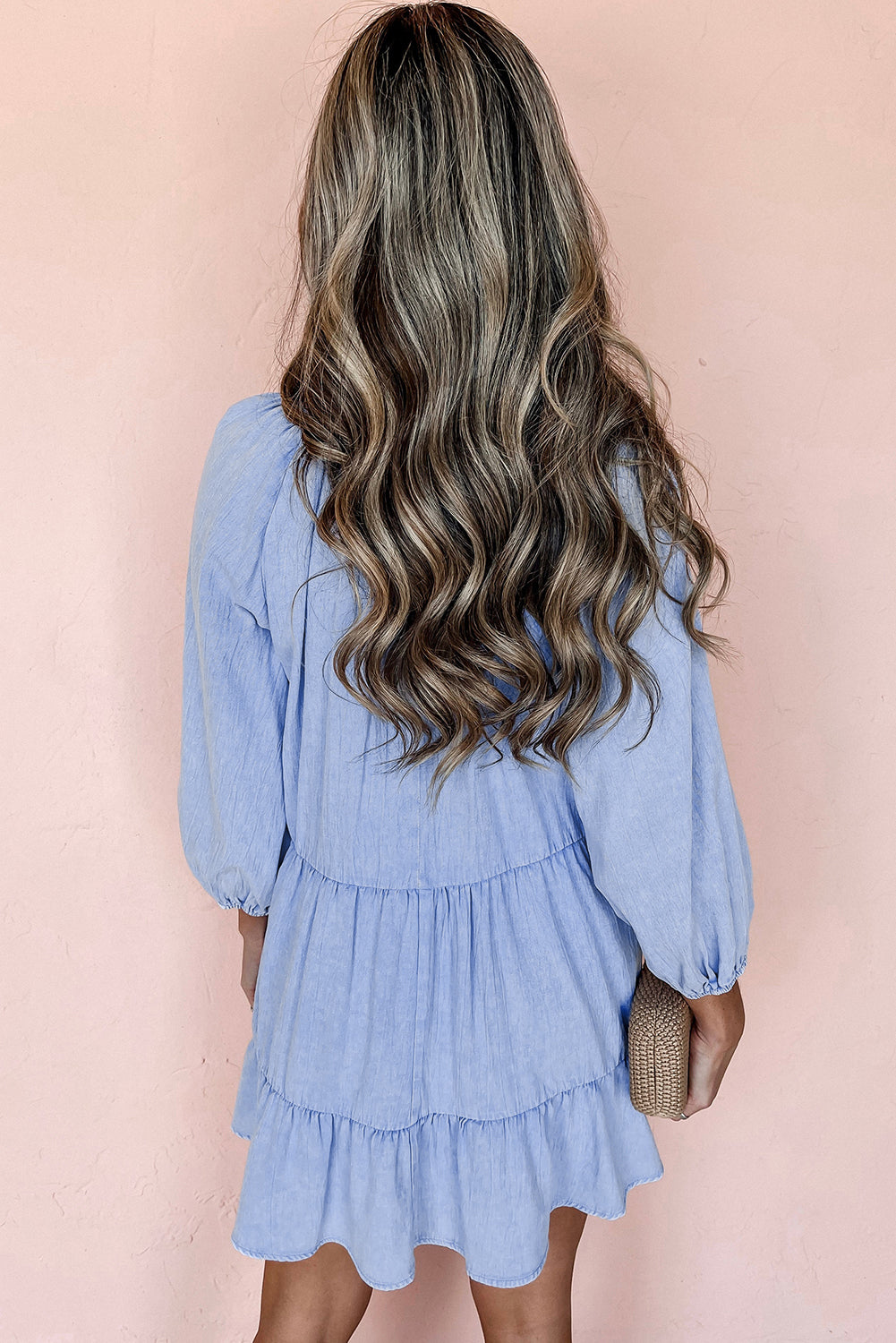 Black Puff Sleeve V Neck Tiered Ruffled Chambray Mini Dress-Dresses/Mini Dresses-[Adult]-[Female]-2022 Online Blue Zone Planet