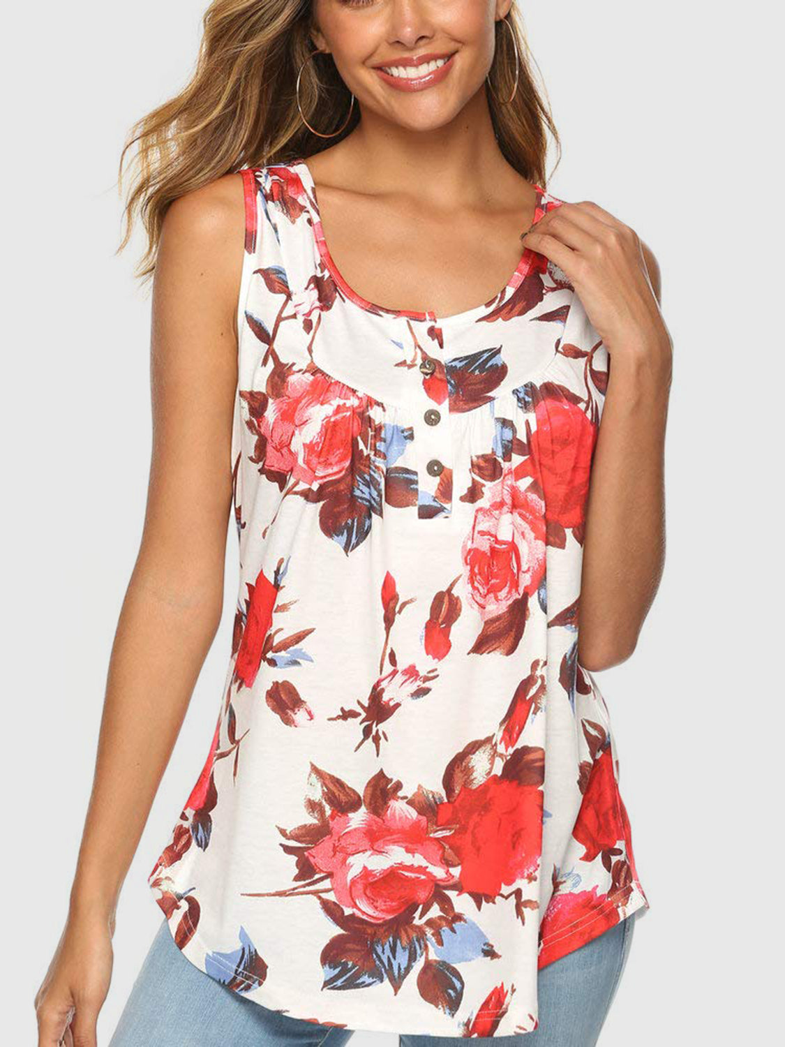 Flower Printed Round Neck Tank-TOPS / DRESSES-[Adult]-[Female]-2022 Online Blue Zone Planet