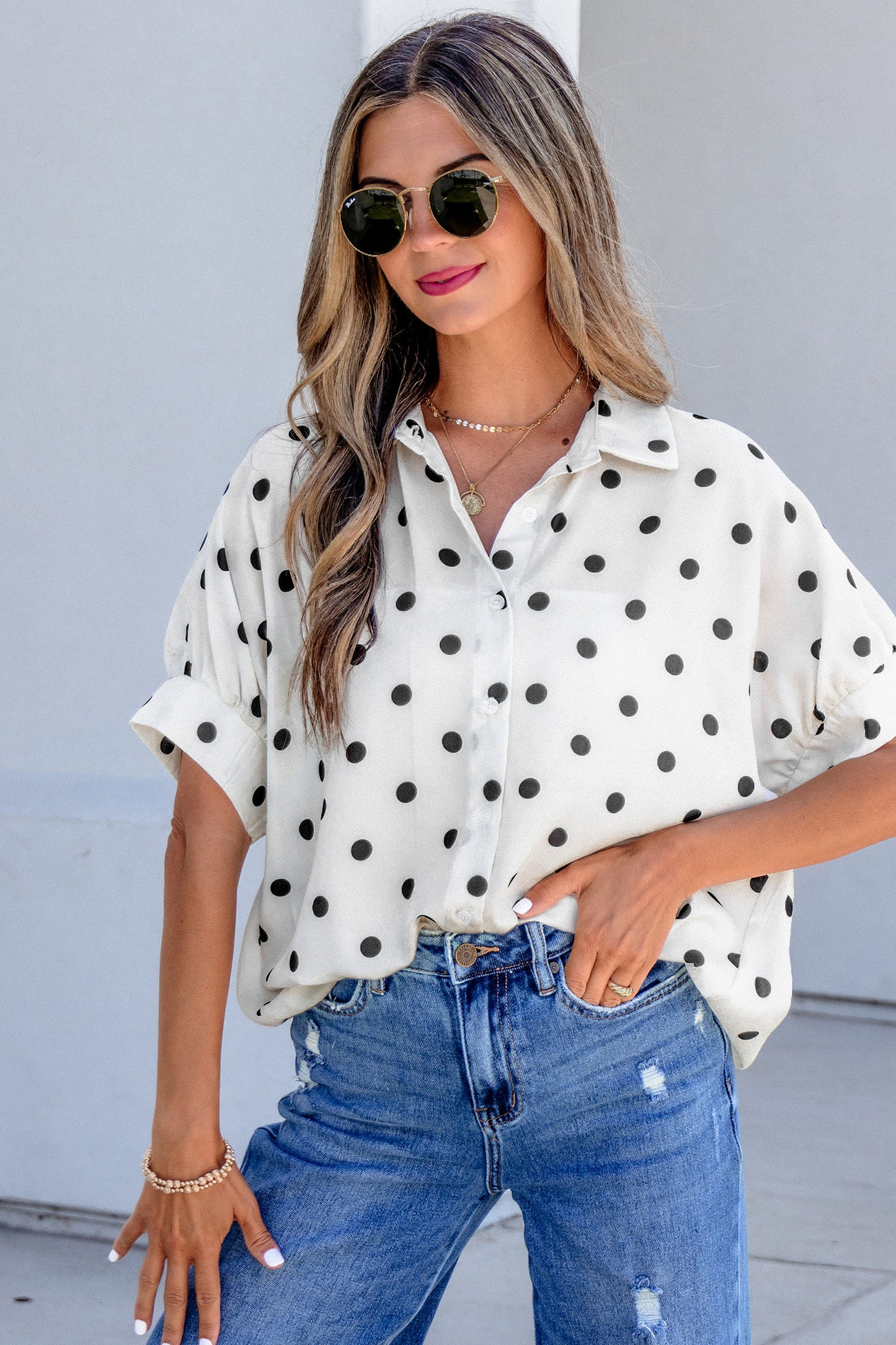 Beige Polka Dot Print Loose Dolman Shirt-Tops/Blouses & Shirts-[Adult]-[Female]-2022 Online Blue Zone Planet