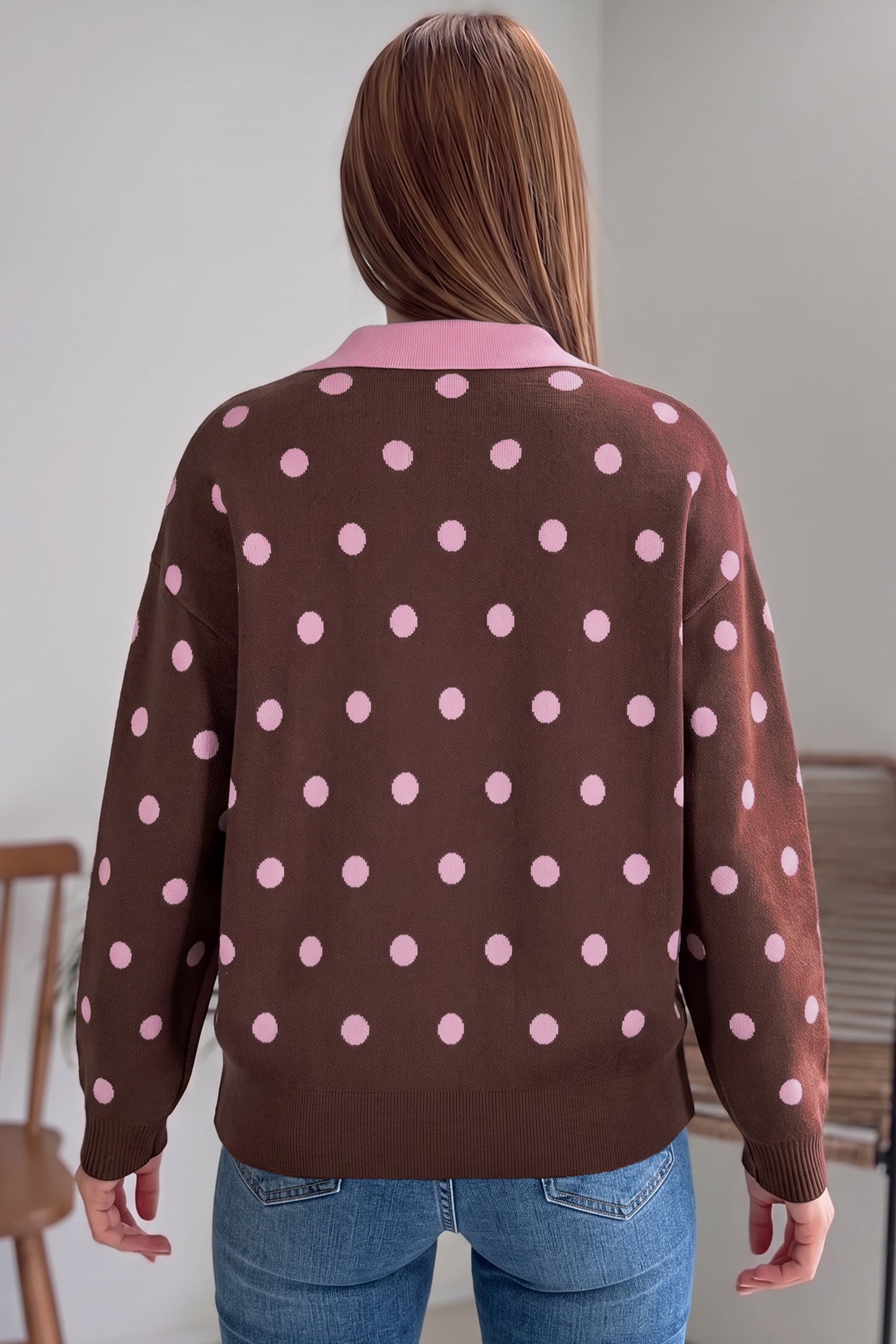 Pink Polka Dot Pattern Color Block Collared Loose Pullover Sweater-Sweaters & Cardigans/Sweaters-[Adult]-[Female]-2022 Online Blue Zone Planet