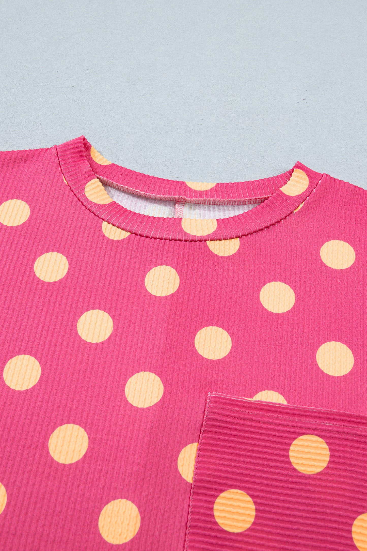 Pink Polka Dot Round Neck Drop Shoulder Patch Pocket Jacquard Texture Top-Tops/Tops & Tees-[Adult]-[Female]-2022 Online Blue Zone Planet