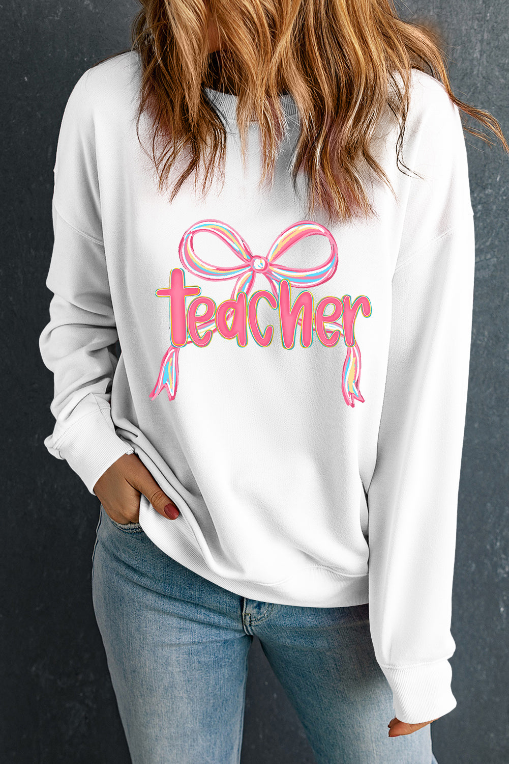 White Teacher Bow Png Graphic Pullover Sweatshirt-Graphic/Graphic Sweatshirts-[Adult]-[Female]-2022 Online Blue Zone Planet