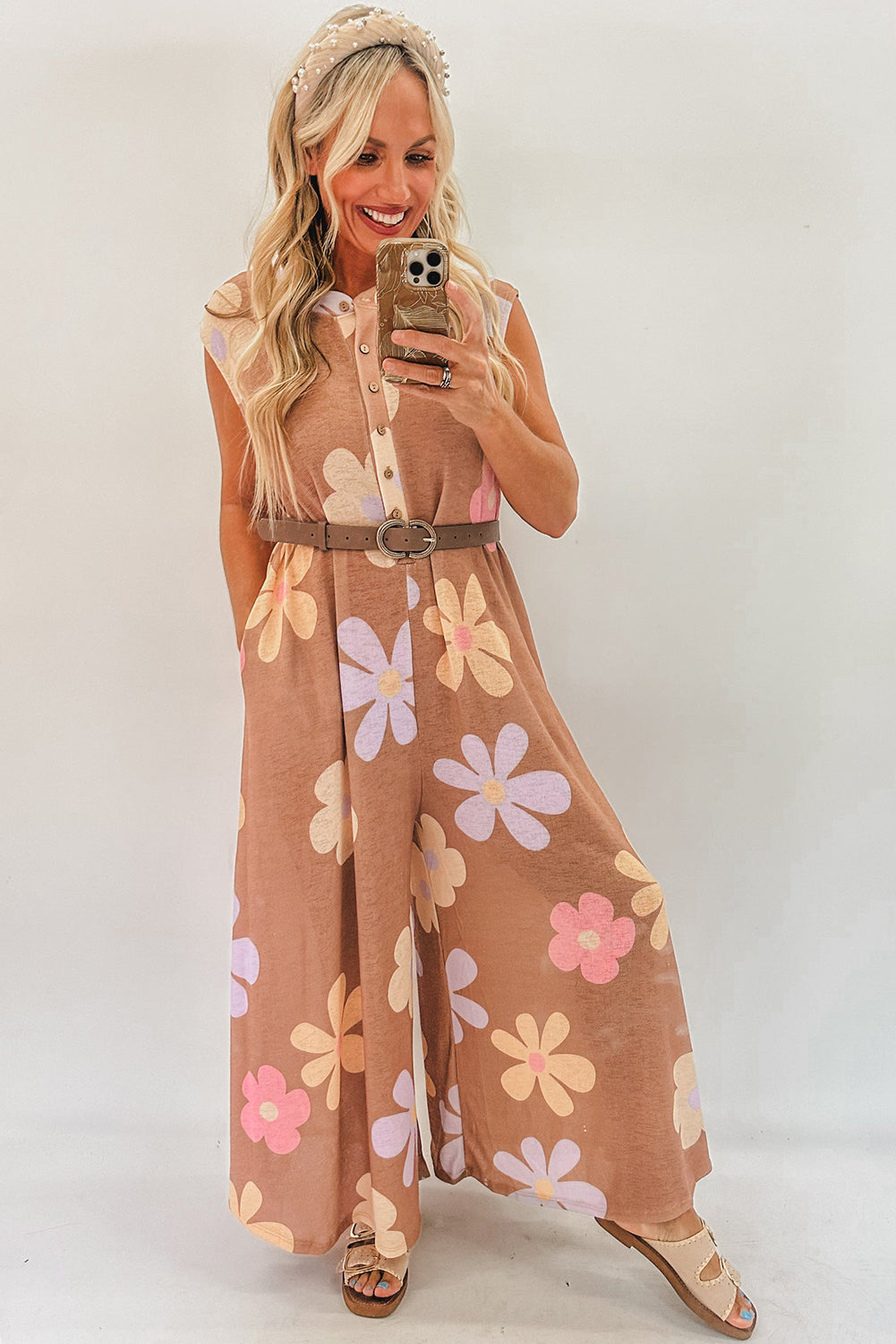 Khaki Floral Print Sleeveless Button up Wide Leg Loose Jumpsuit-Jumpsuits-[Adult]-[Female]-2022 Online Blue Zone Planet