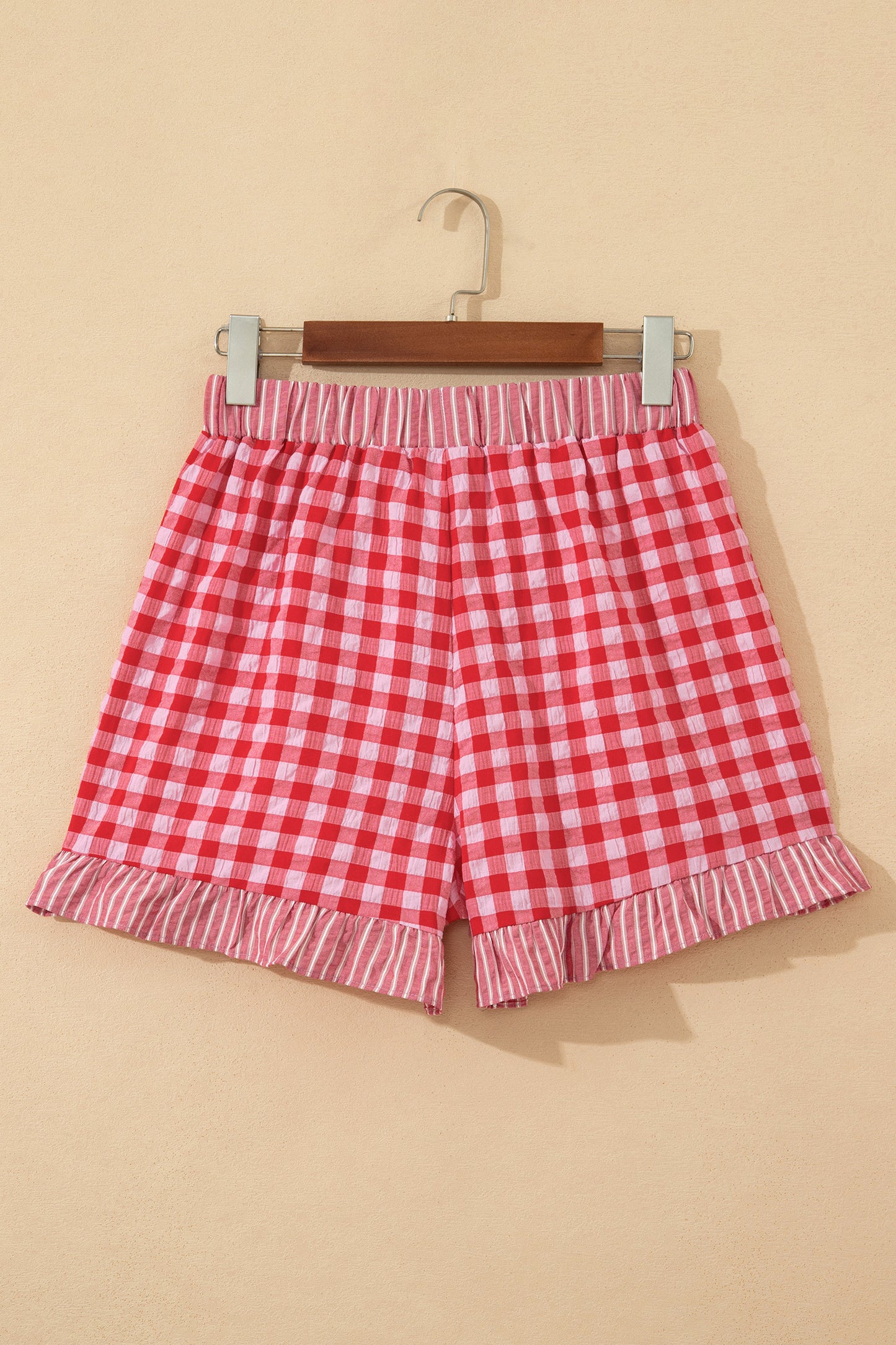 Red Gingham Print Ruffle Striped Detail Lace Tie Shorts-Bottoms/Casual Shorts-[Adult]-[Female]-2022 Online Blue Zone Planet