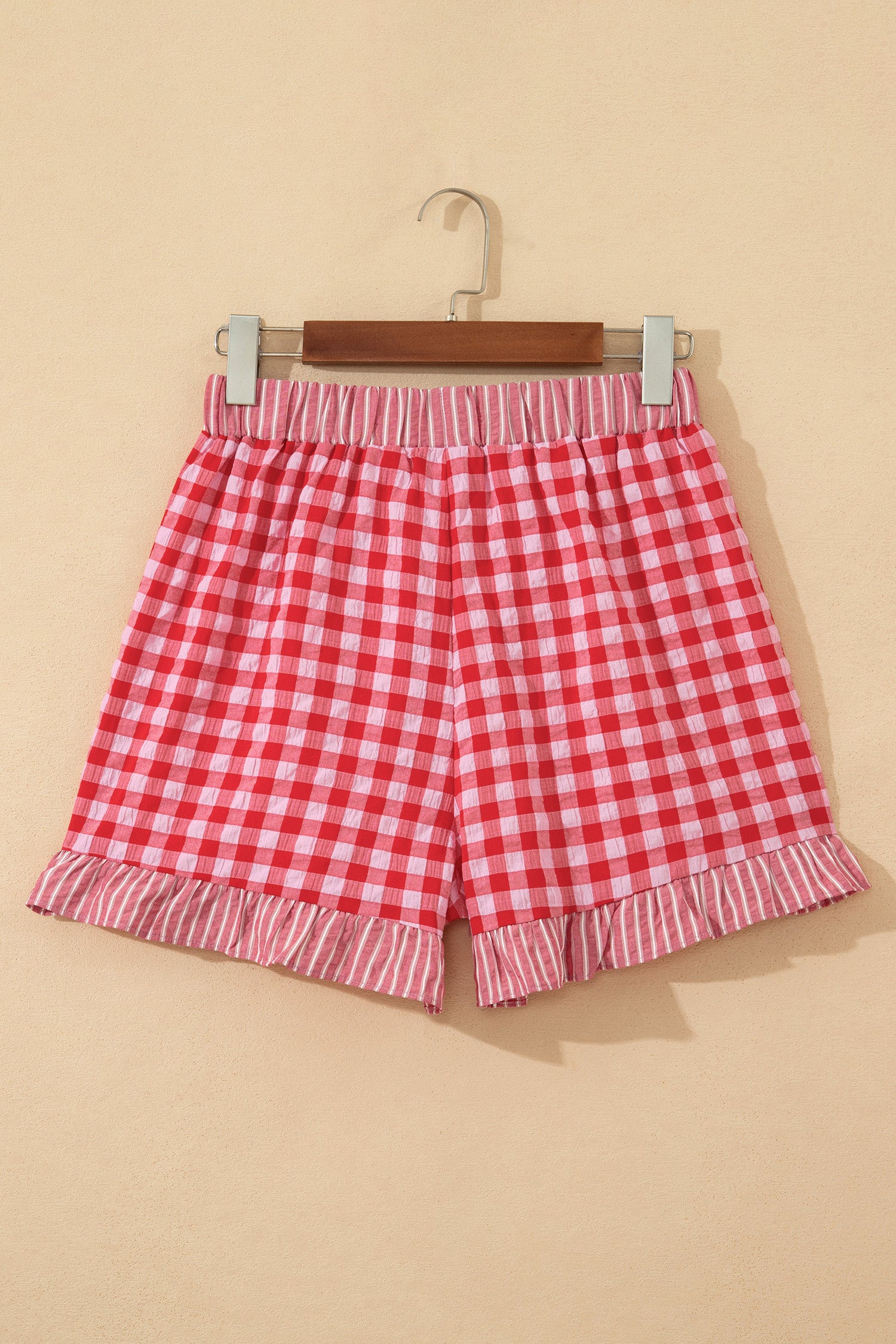 Red Gingham Print Ruffle Striped Detail Lace Tie Shorts-Bottoms/Casual Shorts-[Adult]-[Female]-2022 Online Blue Zone Planet