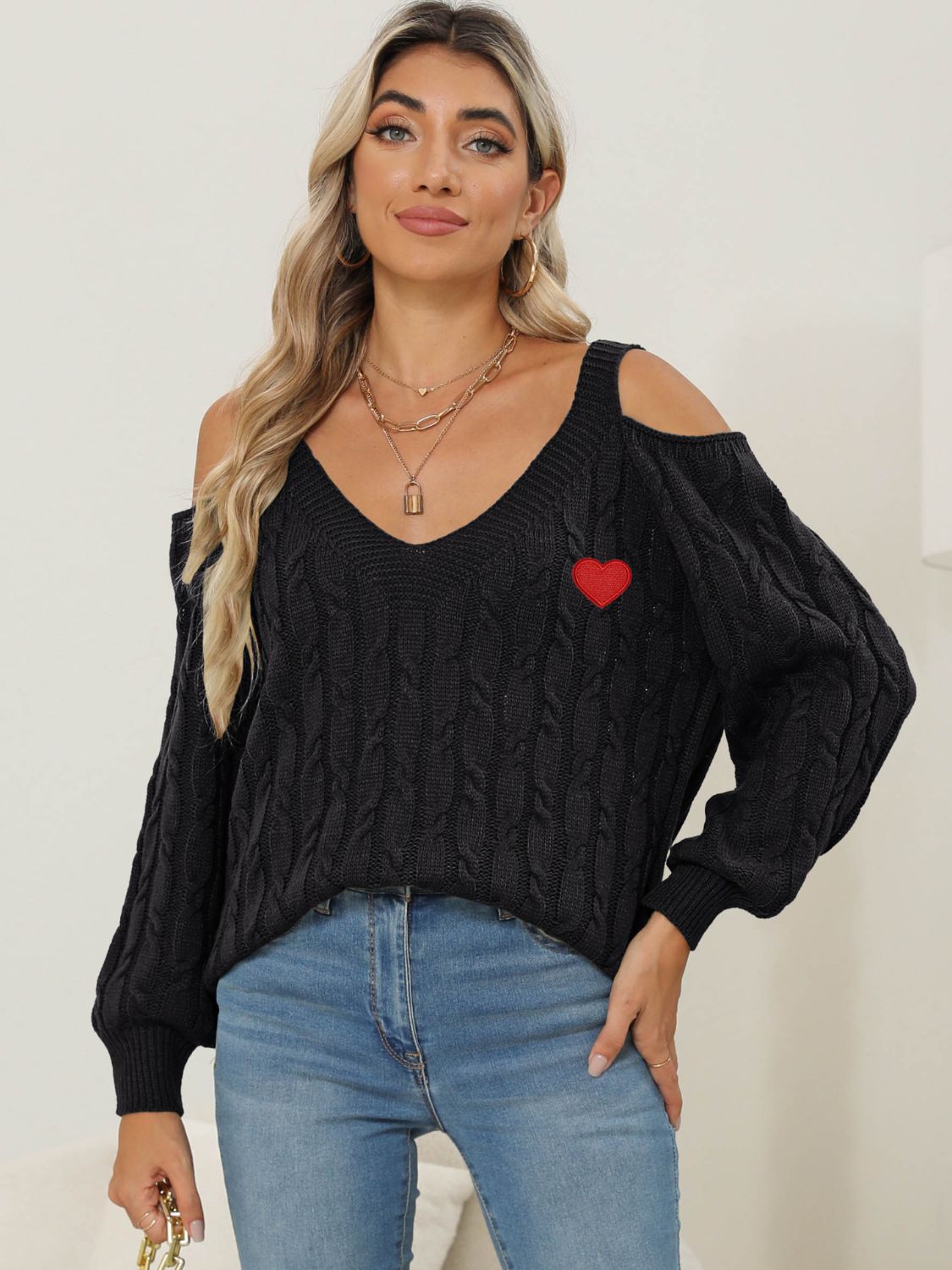 Cable-Knit Heart V-Neck Sweater-TOPS / DRESSES-[Adult]-[Female]-2022 Online Blue Zone Planet