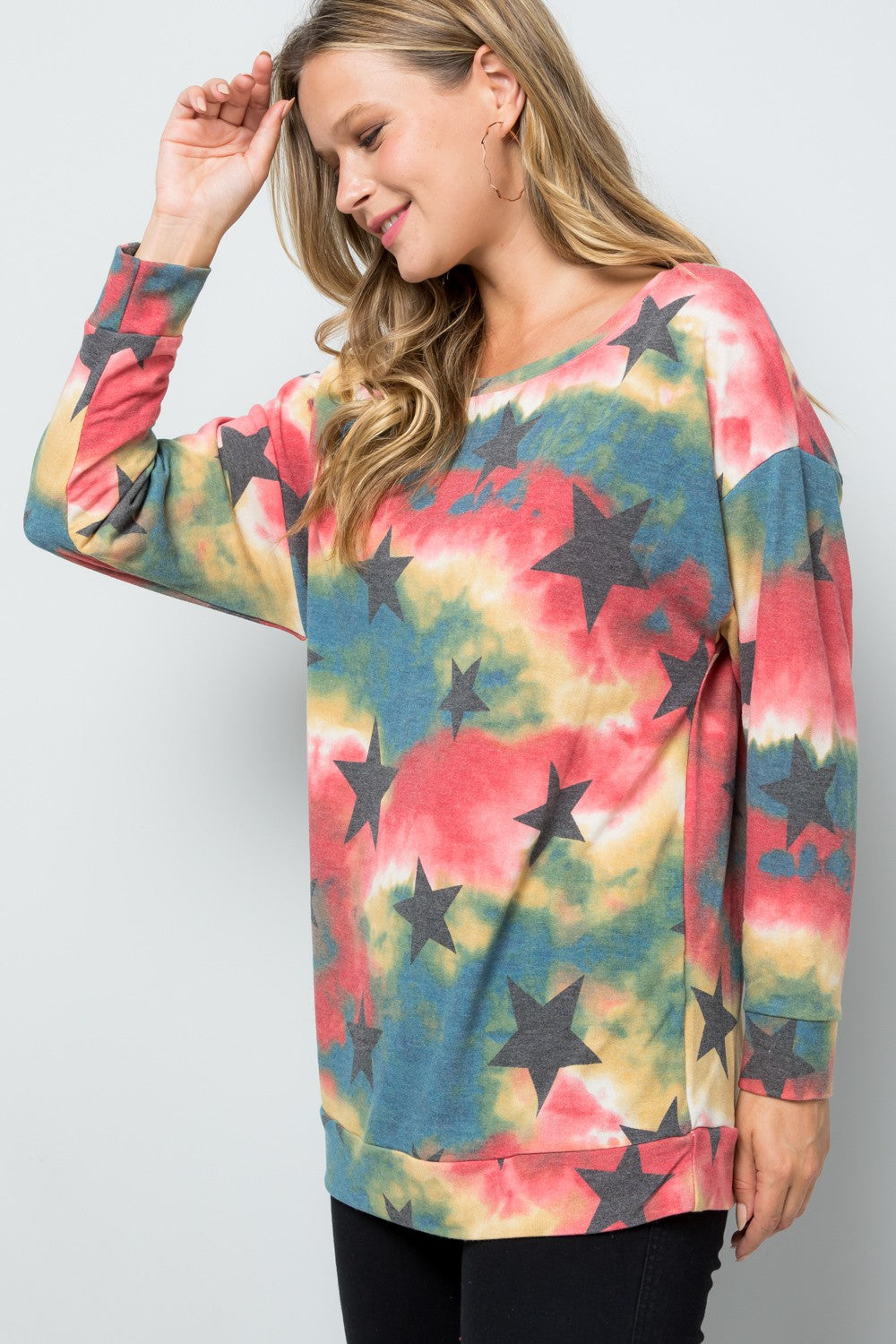 Blue Zone Planet | Celeste Tie-Dye Star Round Neck Long Sleeve T-Shirt-TOPS / DRESSES-[Adult]-[Female]-2022 Online Blue Zone Planet