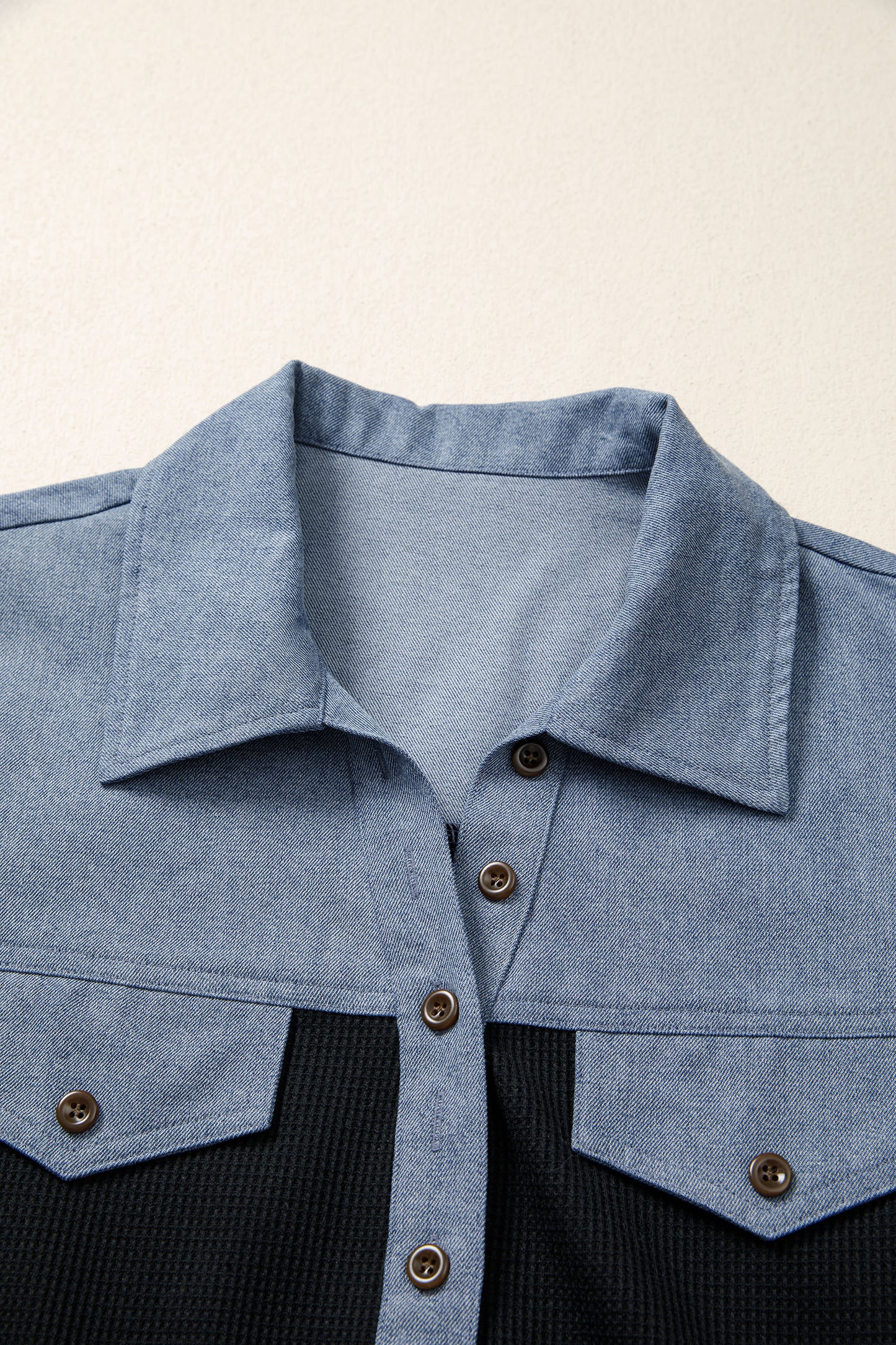 Black Waffle Knit Denim Color Block Patchwork Button Flap Polo Top-Tops/Blouses & Shirts-[Adult]-[Female]-2022 Online Blue Zone Planet