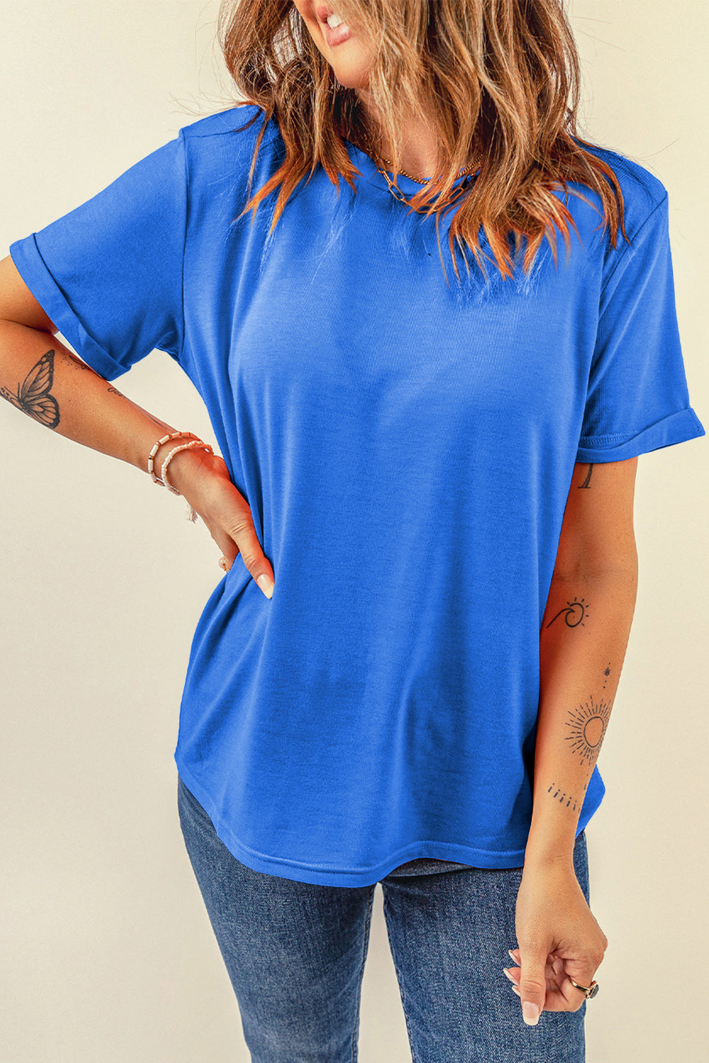 Tillandsia Purple Casual Plain Crew Neck Tee-Tops/Tops & Tees-[Adult]-[Female]-2022 Online Blue Zone Planet