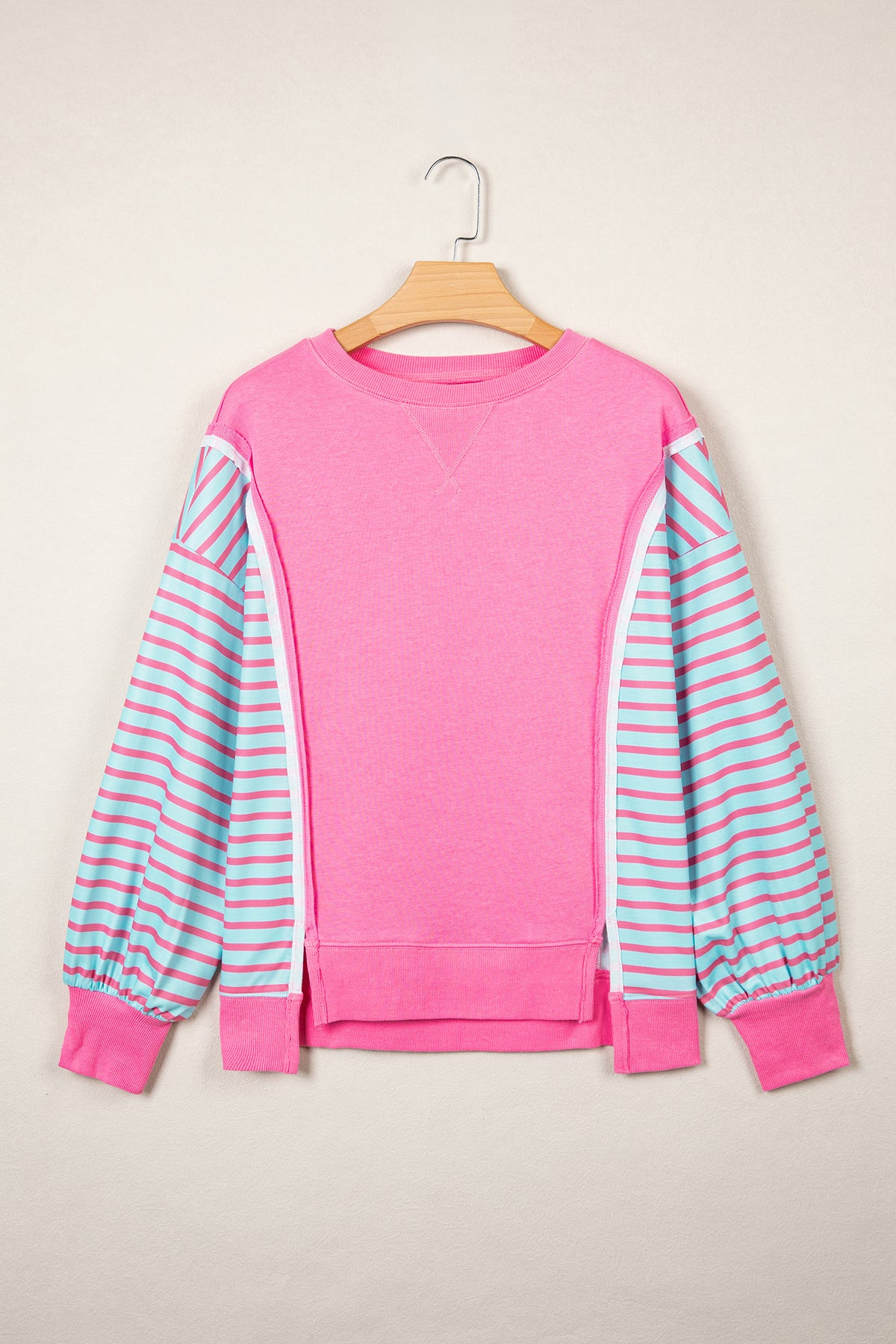 Rose Stripe Color Block Patchwork Relaxed Split Long Sleeve Top-Tops/Long Sleeve Tops-[Adult]-[Female]-2022 Online Blue Zone Planet