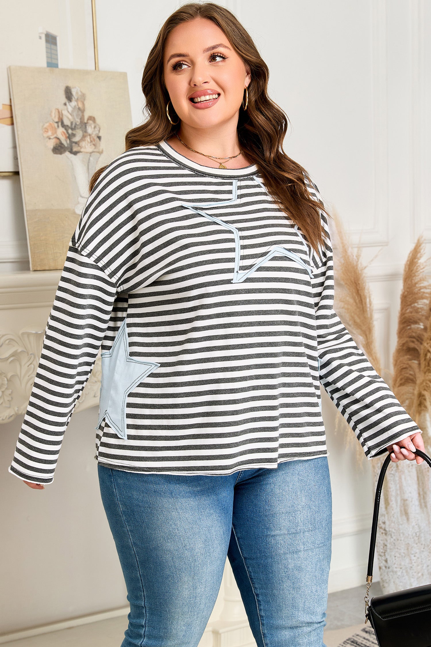 Gray Stripe Contrast Star Stitched Plus Size Long Sleeve Top-Plus Size/Plus Size Tops/Plus Size Long Sleeve Tops-[Adult]-[Female]-2022 Online Blue Zone Planet