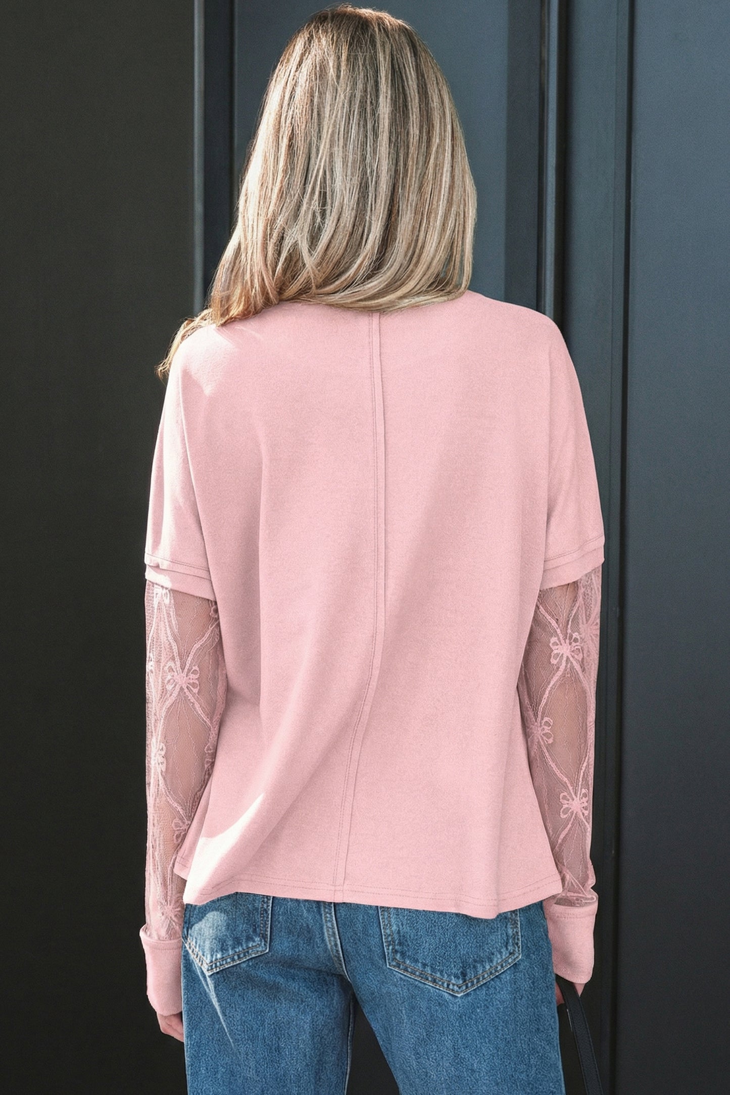 Light Pink Solid Color Bow Textured Patchwork Long Sleeve Tee-Tops/Long Sleeve Tops-[Adult]-[Female]-2022 Online Blue Zone Planet