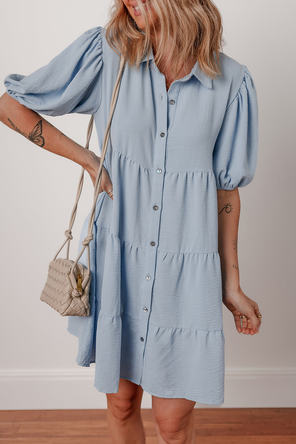 Beau Blue Shirt Collar Button Up Short Puff Sleeve Tiered Shift Dress-Dresses/Mini Dresses-[Adult]-[Female]-2022 Online Blue Zone Planet