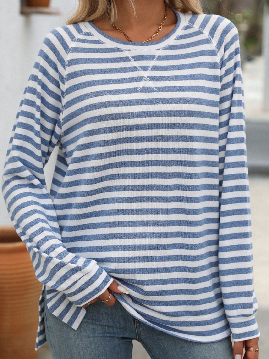 Blue Zone Planet | Mandy Striped Round Neck Long Sleeve T-Shirt-TOPS / DRESSES-[Adult]-[Female]-Dusty Blue-S-2022 Online Blue Zone Planet