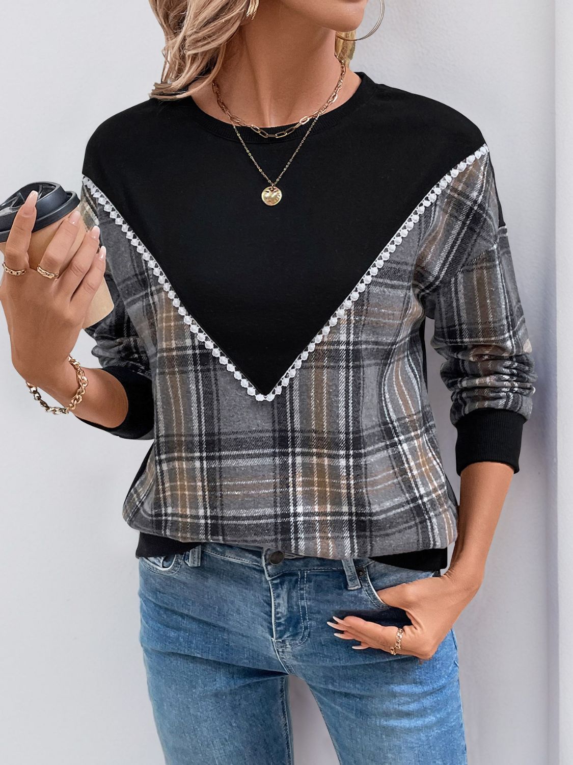 Perfee Plaid Round Neck Long Sleeve Sweatshirt-TOPS / DRESSES-[Adult]-[Female]-2022 Online Blue Zone Planet